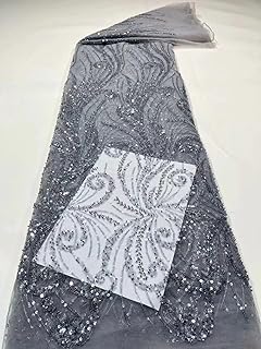 French Tulle Net Lace Fabric Sequins African Clothing Laces Fabrics for Wedding Dress Ladies Gown 5 Yards Per Lot (Grey Blue,5 Yards)