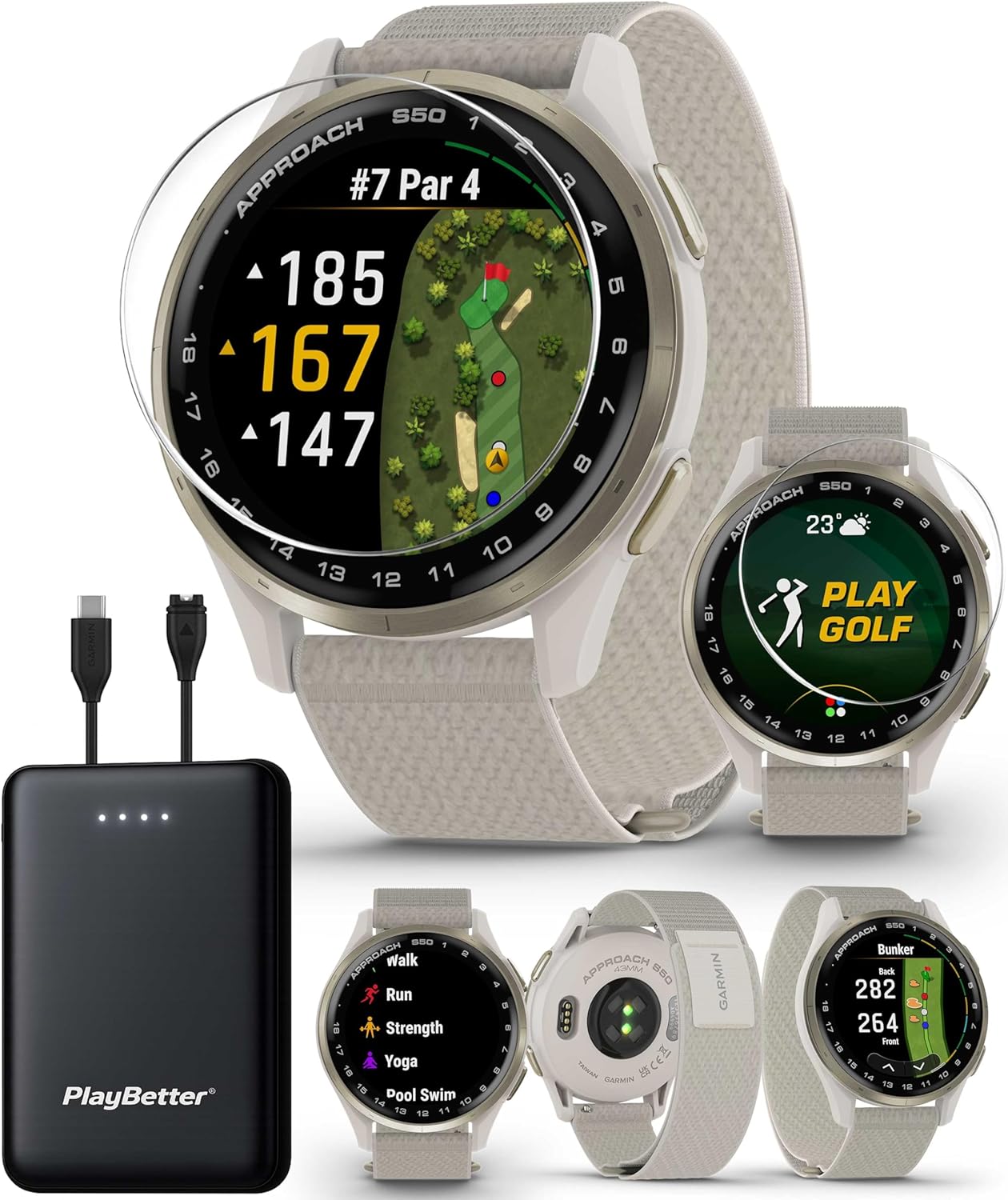 Garmin Approach S50 (Cream Gold/Ivory) Golf GPS Smartwatch Bundle - 1.2" AMOLED Display, On-Course Features, Wrist Heart Rate with PlayBetter Screen Protectors & 5000mAh Portable Charger