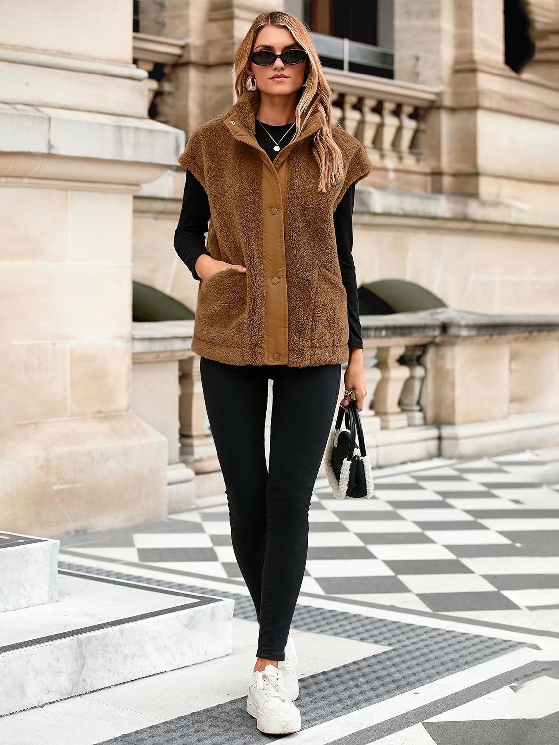 Glamaker Womens Fuzzy Fleece Vest Casual Loose Sherpa Vest Faux Fur Button Down Sleeveless Jacket Coat Outerwear - Image 6