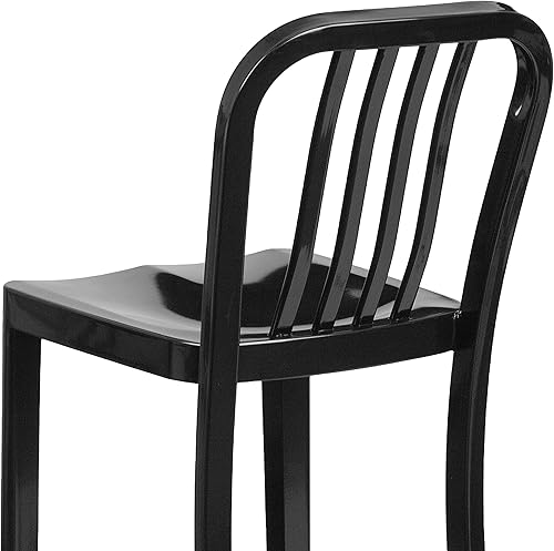 Miniatura 8 de BizChair Taburete de bar de metal negro para interiores y exteriores de 30 pulgadas de alto con respaldo de listón