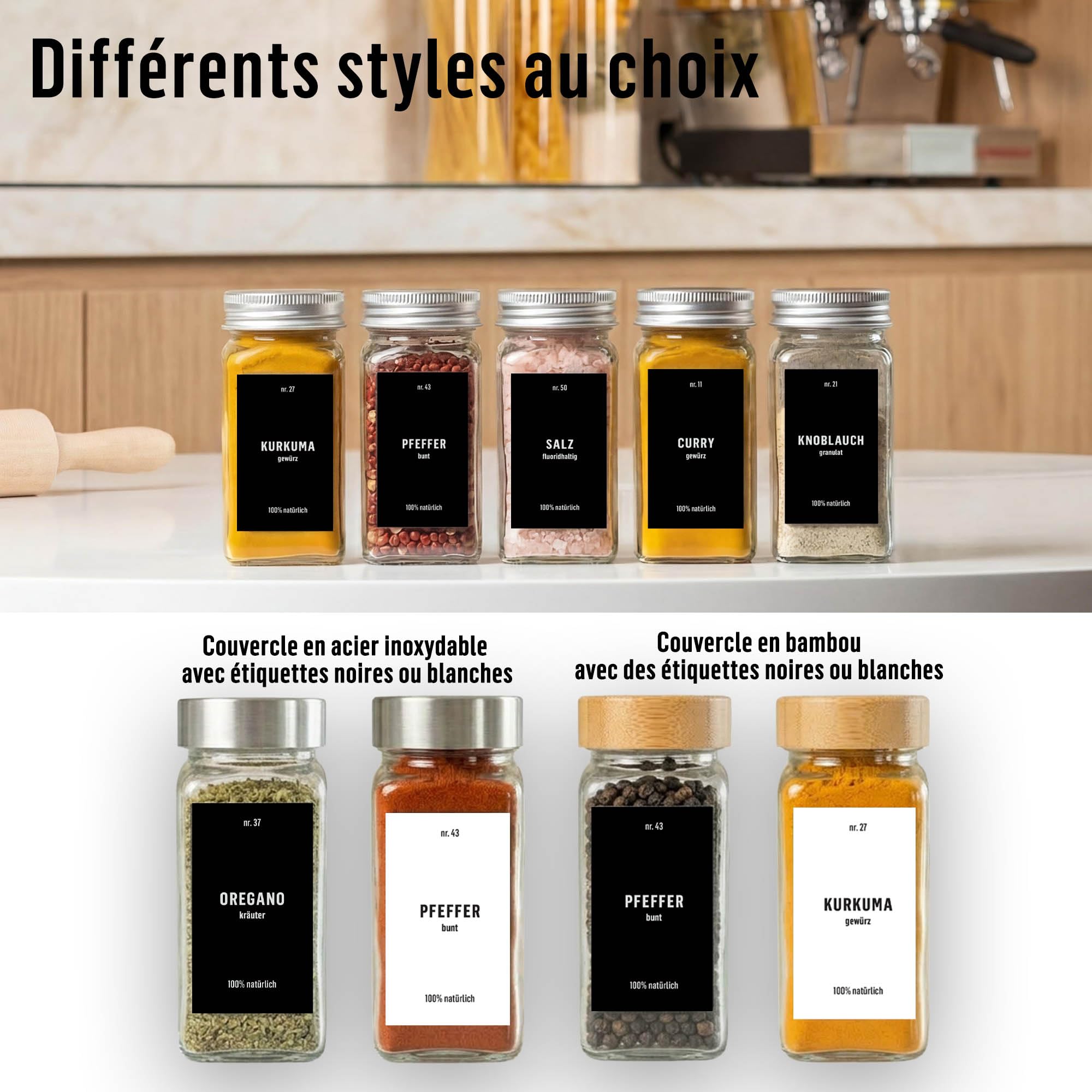 Deco haus® Lot de 36 Bocaux à Épices Carrés Hermétiques [avec Étiquettes & Saupoudreur] - Bocaux en Verre - Pot a Epices en Verre et Bois, Spice Jars - Récipients d'Épices - Pot à Epices