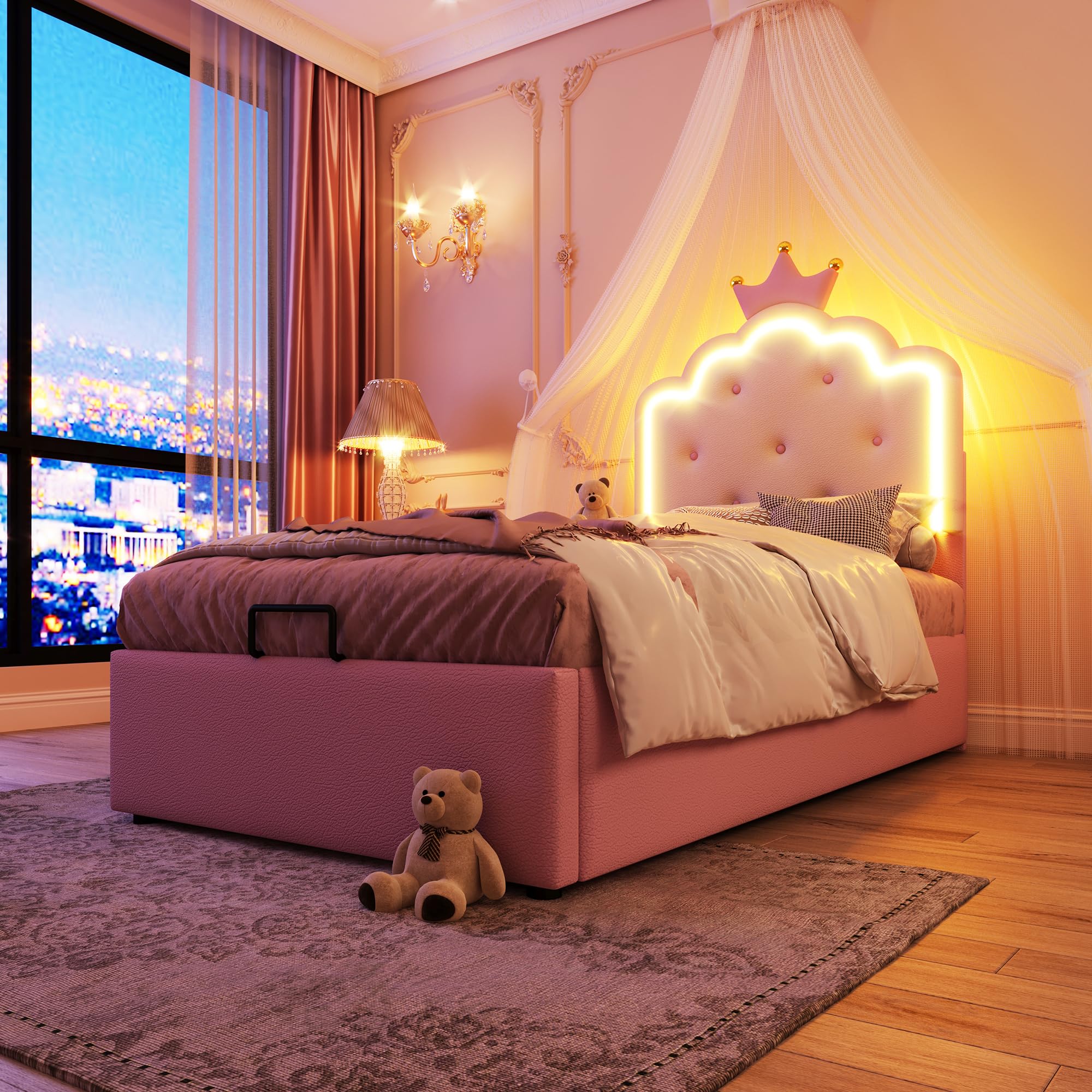 Generisch Cama tapizada de 90 x 200 cm con espacio de almacenamiento hidráulico, mando a distancia, luz LED ambiental, forma de princesa corona, rosa, ideal para habitaciones infantiles