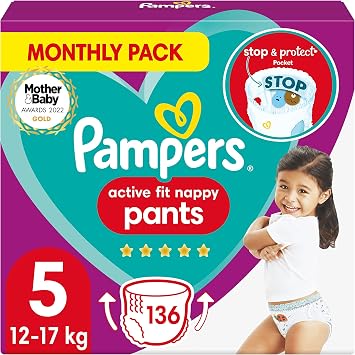 Pampers Baby Nappy Pants Size 5 12-17kg/ 27-38Lb, Active Fit, 136 Nappies, MONTHLY SAVINGS PACK, Pampers  Trusted Fit and Comfort For Your Wild Child