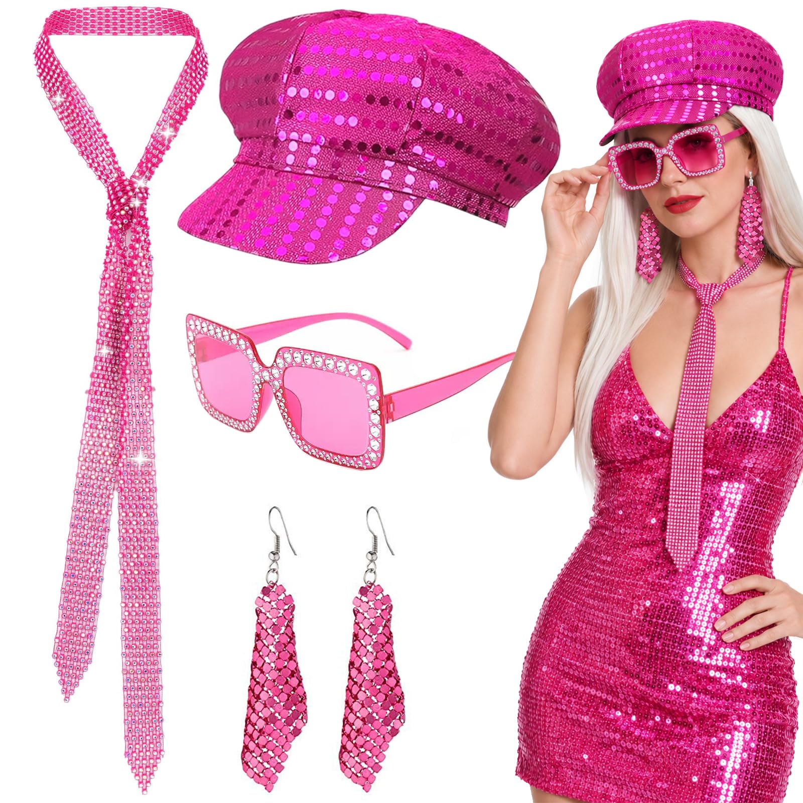 iSharely 4Pcs 70s Disco Costume Accessories Set for Women，Pink