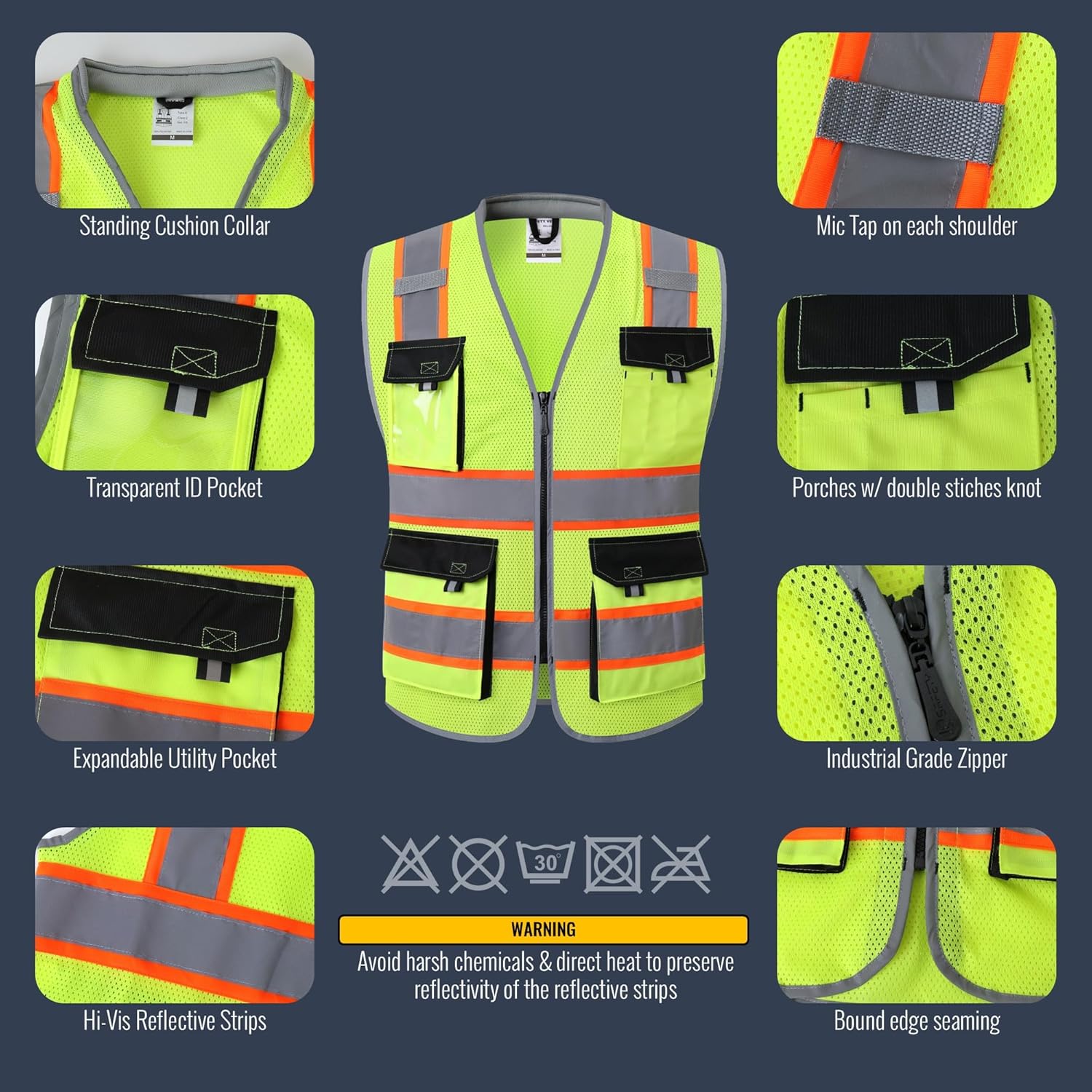 JKSafety Safety Vest for Men Women Hi Vis with Pockets and Cushioned Collar Construction Vest Meet ANSI Standard (BX360) - Image 2