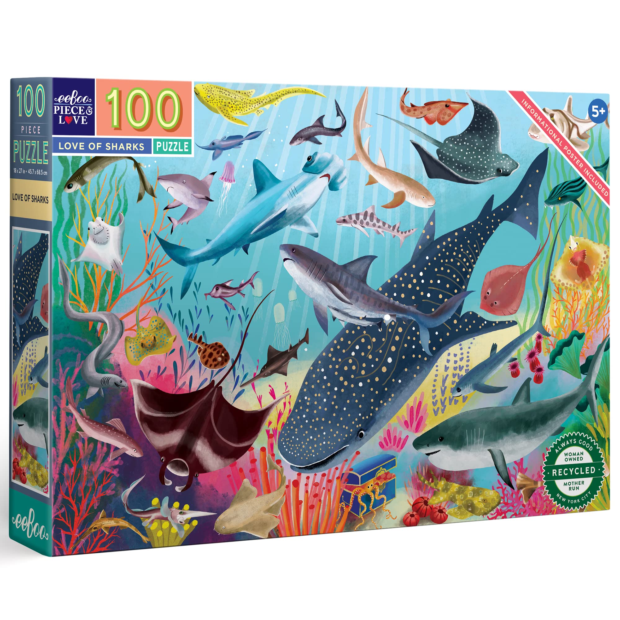 eeBoo 100 Piece Puzzle for Kids - Love of Sharks Children's Puzzle Ocean Themed, Large Pieces for Small Hands to Develop Motor Skills