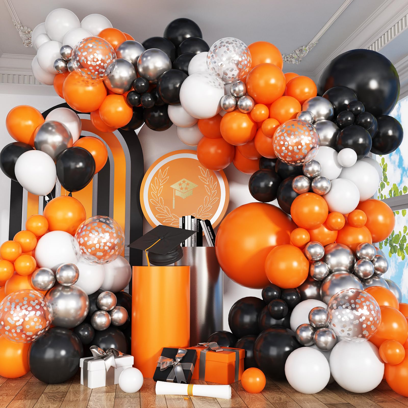 Zestaw girlandy z łukiem balonowym, pomarańczowe, czarno-białe, srebrne, konfetti, lateksowe balony dla dzieci, chłopców, baby shower, urodziny, ukończenie szkoły, Dzień Ojca, Halloween, dekoracja na