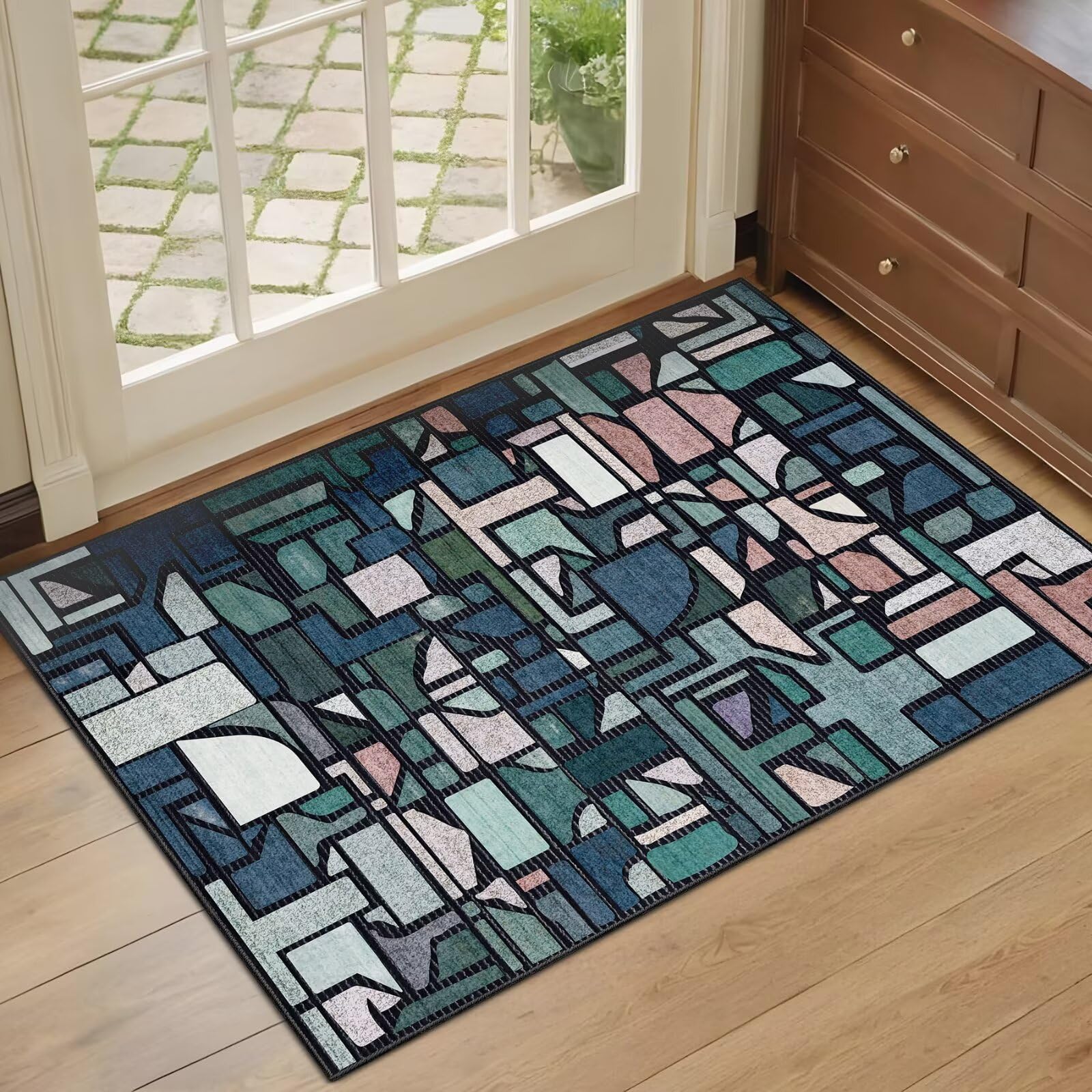 DEXDE Entryway Area Rugs 2x3 Vintage Non Slip Washable Low Pile Throw Checkered Rug Modern Abstract Door Mat