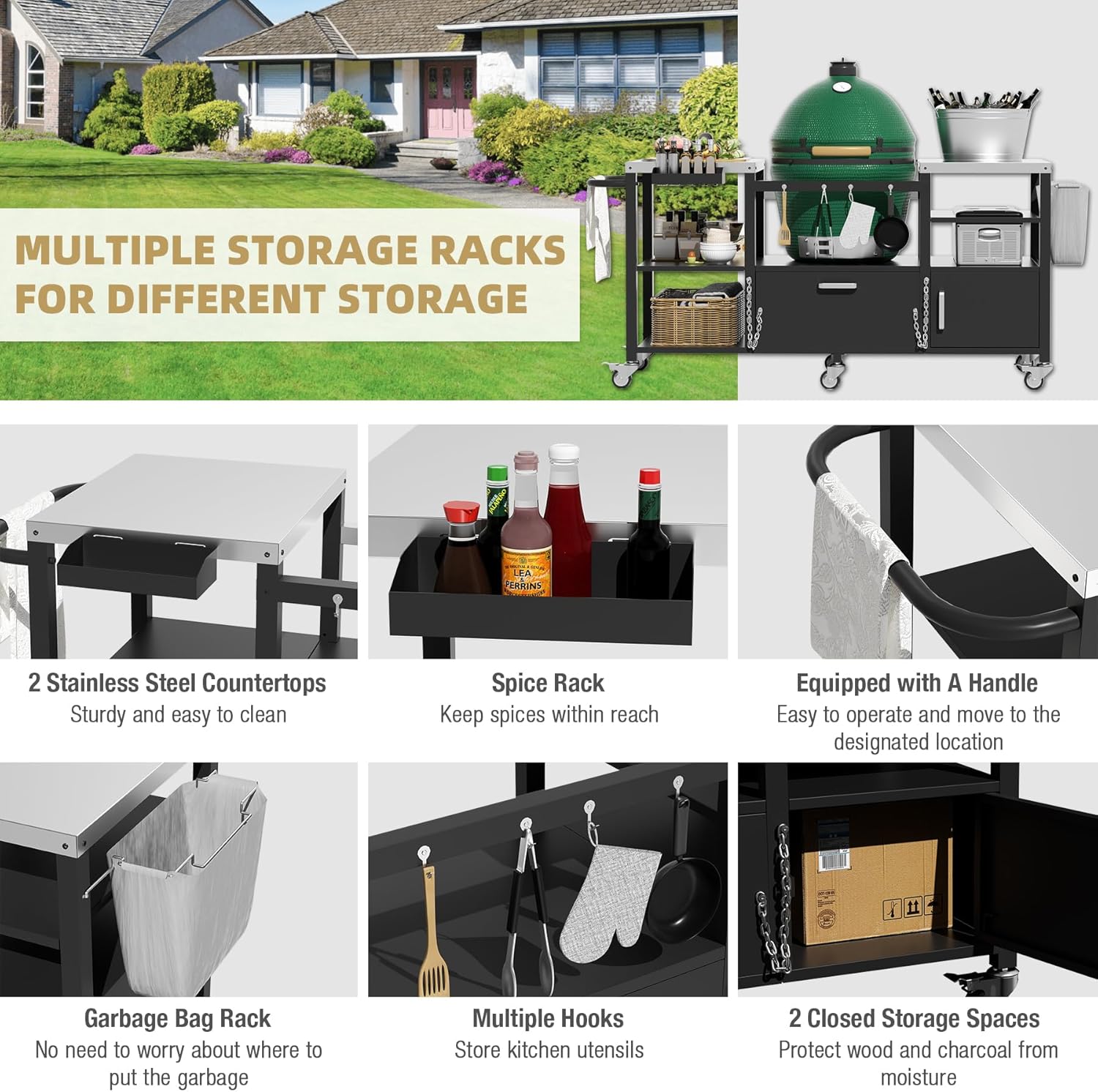 EBE Grill Table for Big Green Egg Style BBQ, Outdoor Metal Grill Station Prep Table with Storage, Heavy Duty Grill Cart Compatible with Large Big Green Egg, Kamado Joe Classic