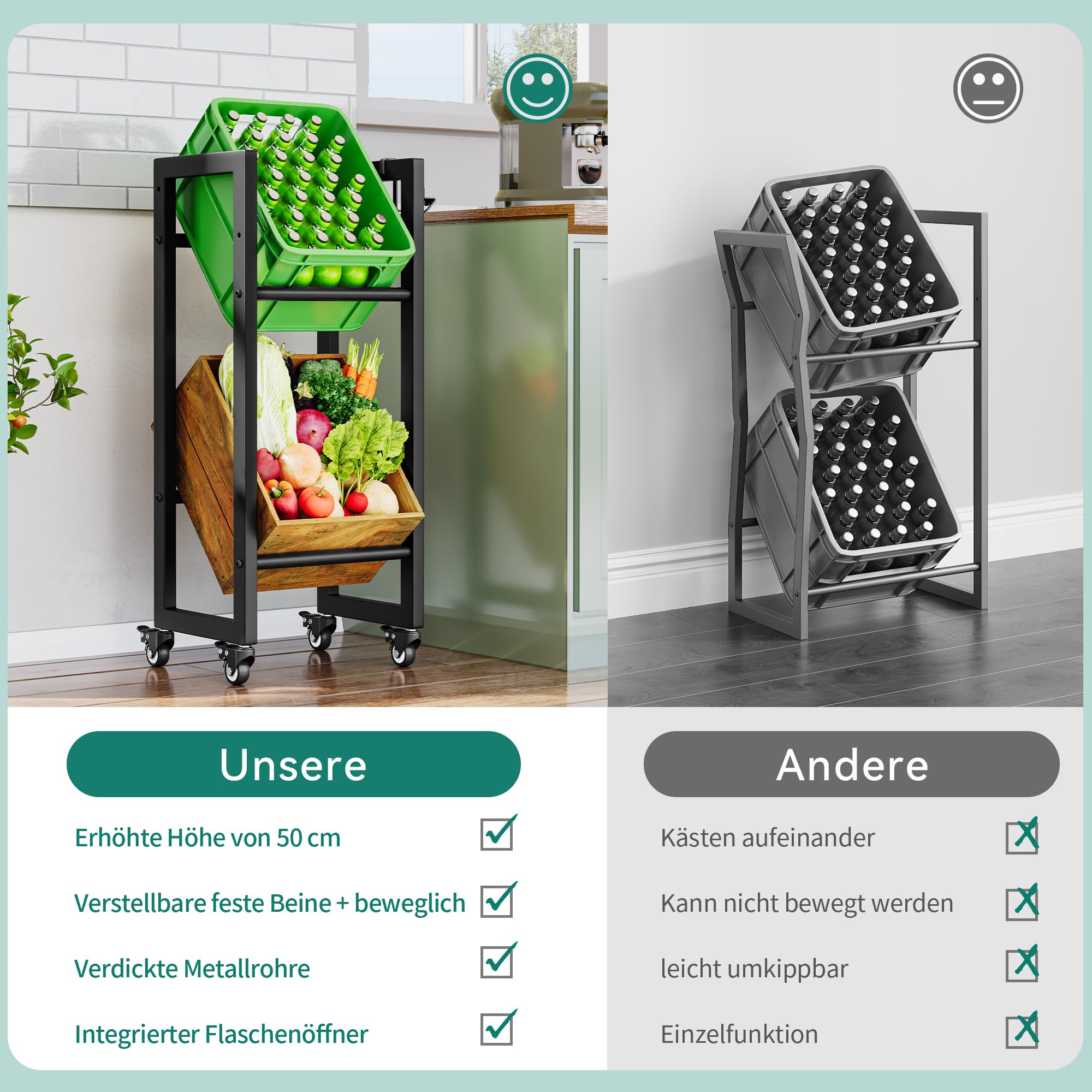 YITAHOME Getränkekistenregal 2 Kisten mit Rollen, verstellbaren füße, Öffner, Metall Kistenregal mit 2 Ebenen für Bier, Obst, Gemüse, Wasser, getränkeregal kisten Regal, Tragfähigkeit 240KG