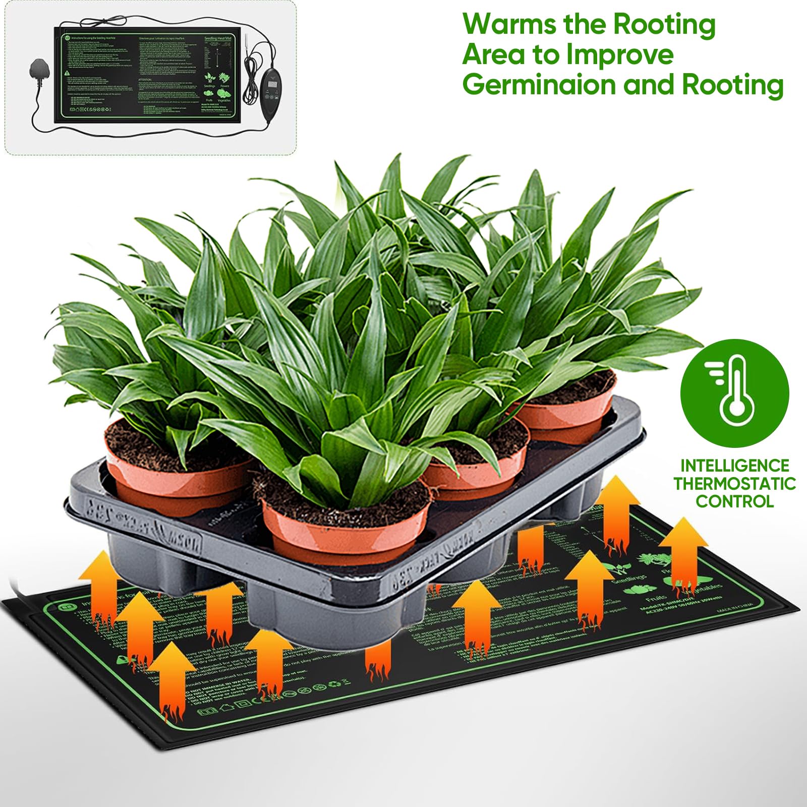 JOPWUE Tapis chauffant pour semis avec contrôleur de thermostat numérique, 25,4 x 50,8 cm, ensemble de tapis chauffants imperméables pour plantes, réglage de 6 températures, minuterie à 6 vitesses