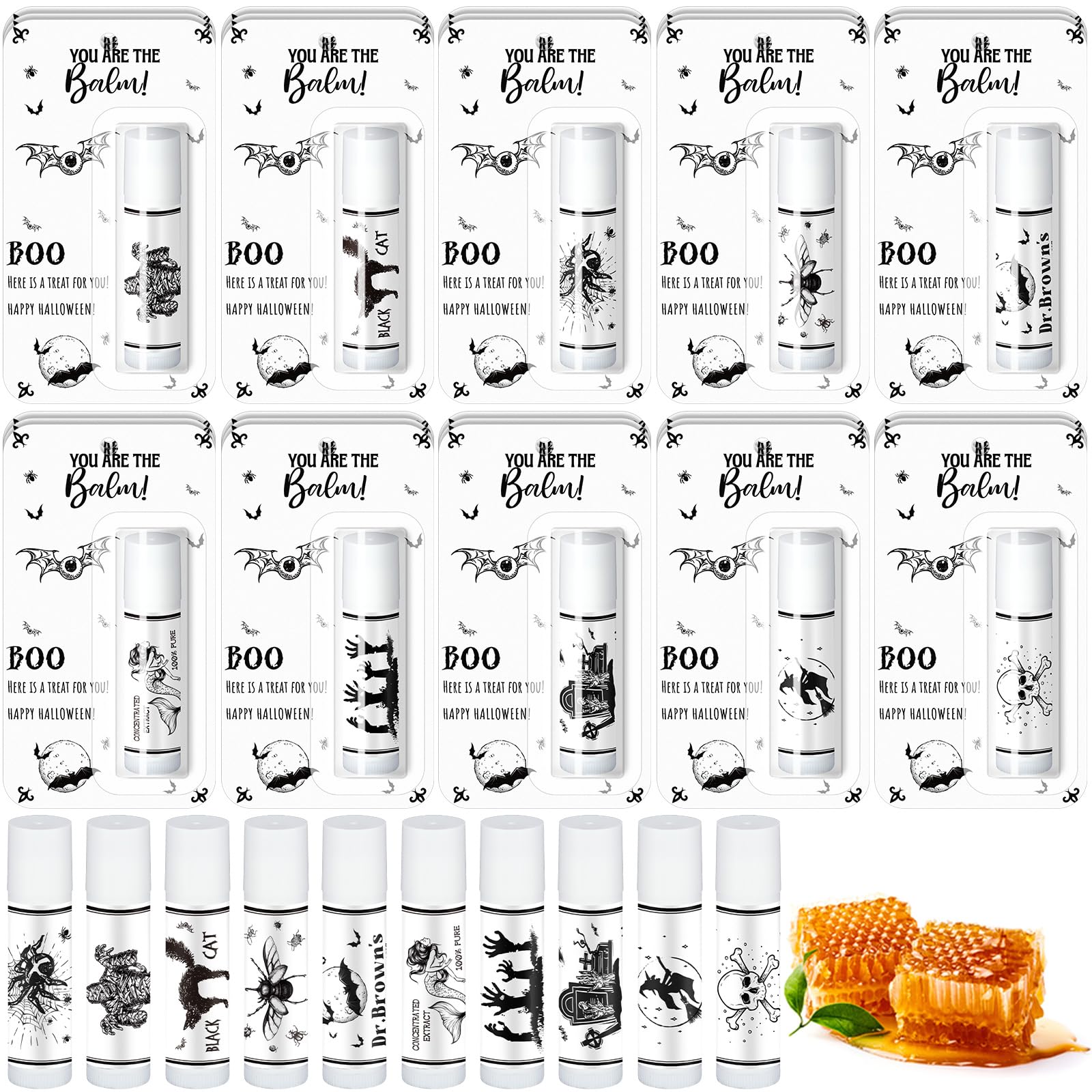 30 Pcs Halloween Lip Balms Bulk Vintage Party Supplies Favors Spooky Skull Lip Balm Gifts Honey Flavor 10 Style Halloween Party Supplies Goodies Small Gifts for Adults Kids