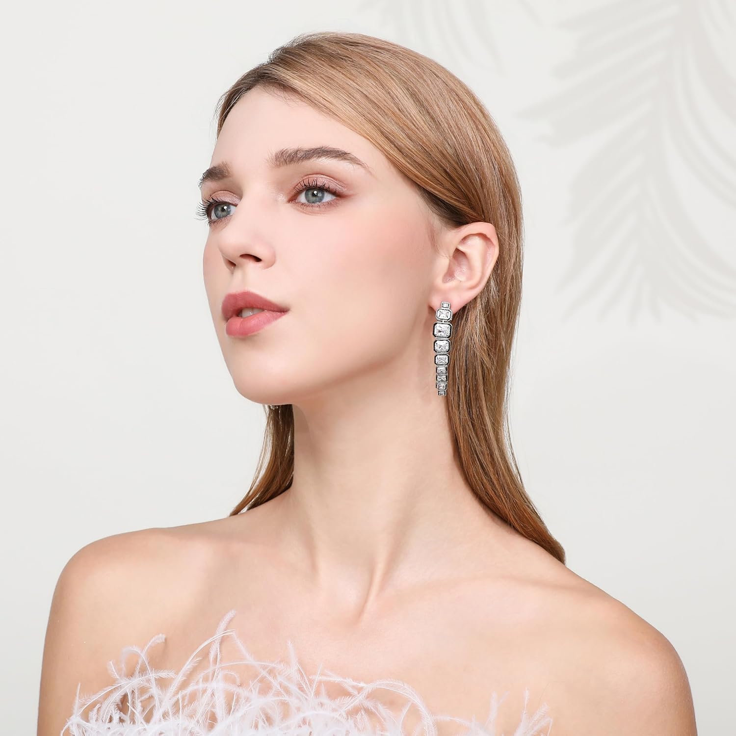 "Frwiskp Wedding Earrings,Bridle Earring for Brides, 14K White Gold Plated Sterling Silver Post Cubic Zirconia Dangle Hypoallergenic Jewelry Gift.