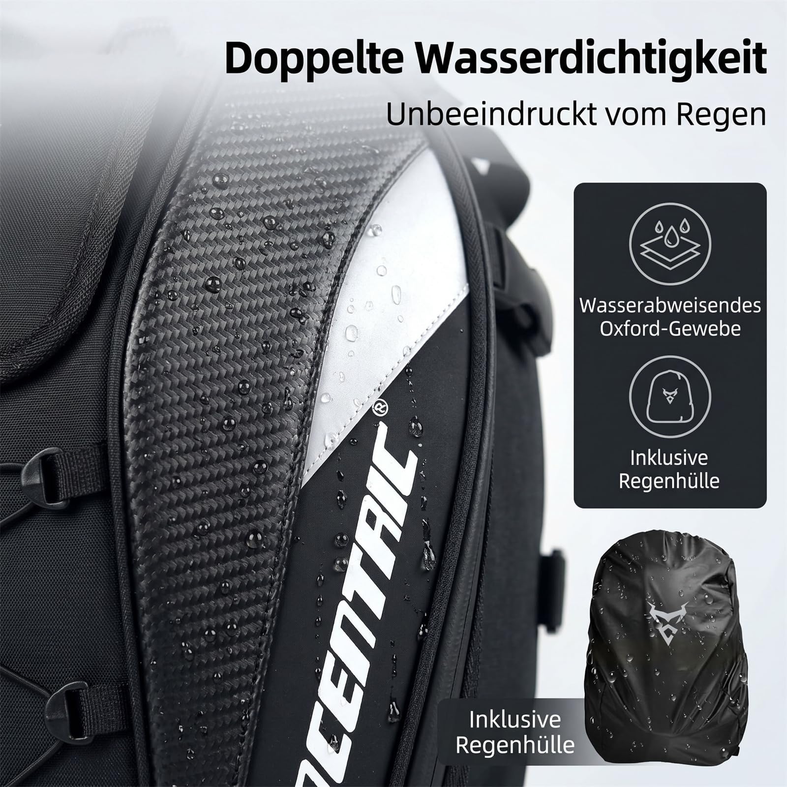 MOTOCENTRIC Motorrad Hecktasche Erweiterbar 25L-38L, Motorradrucksack mit Regenhaube, Wasserdichte Soziustasche Carbon-Optik für Touren & Alltag