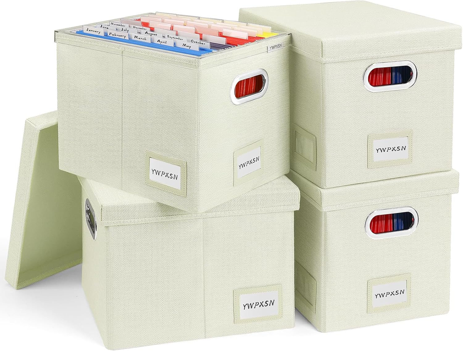 File Organizer Box with Lid - Hanging File Box with One-Piece Plastic Frame - Collapsible Decorative Document Storage Bins for Office Home (Beige, 13.2x10.1x10.1in(4Pack))