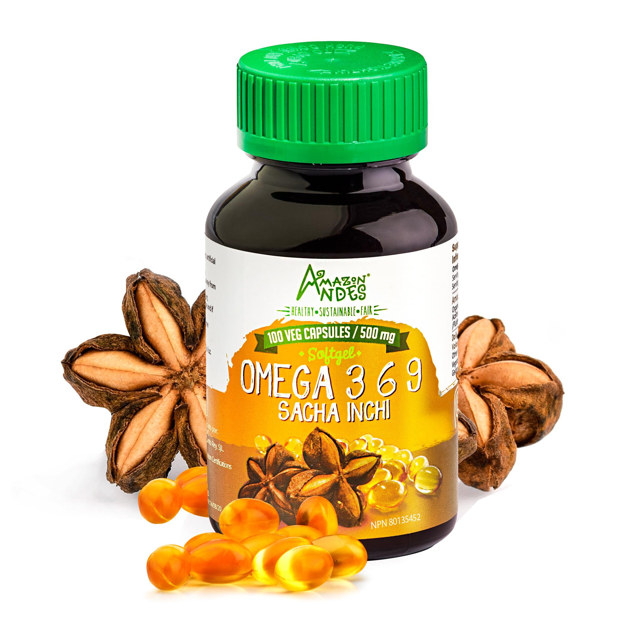 Amazon Andes Sacha Inchi Oil Capsules 500mg - Omega 3 6 9 Fatty Acids from Peru - 100 Softgels - Cold Pressed Virgin Inca Peanut Oil - Plukenetia Volubilis - Vegan Plant Based Non-GMO