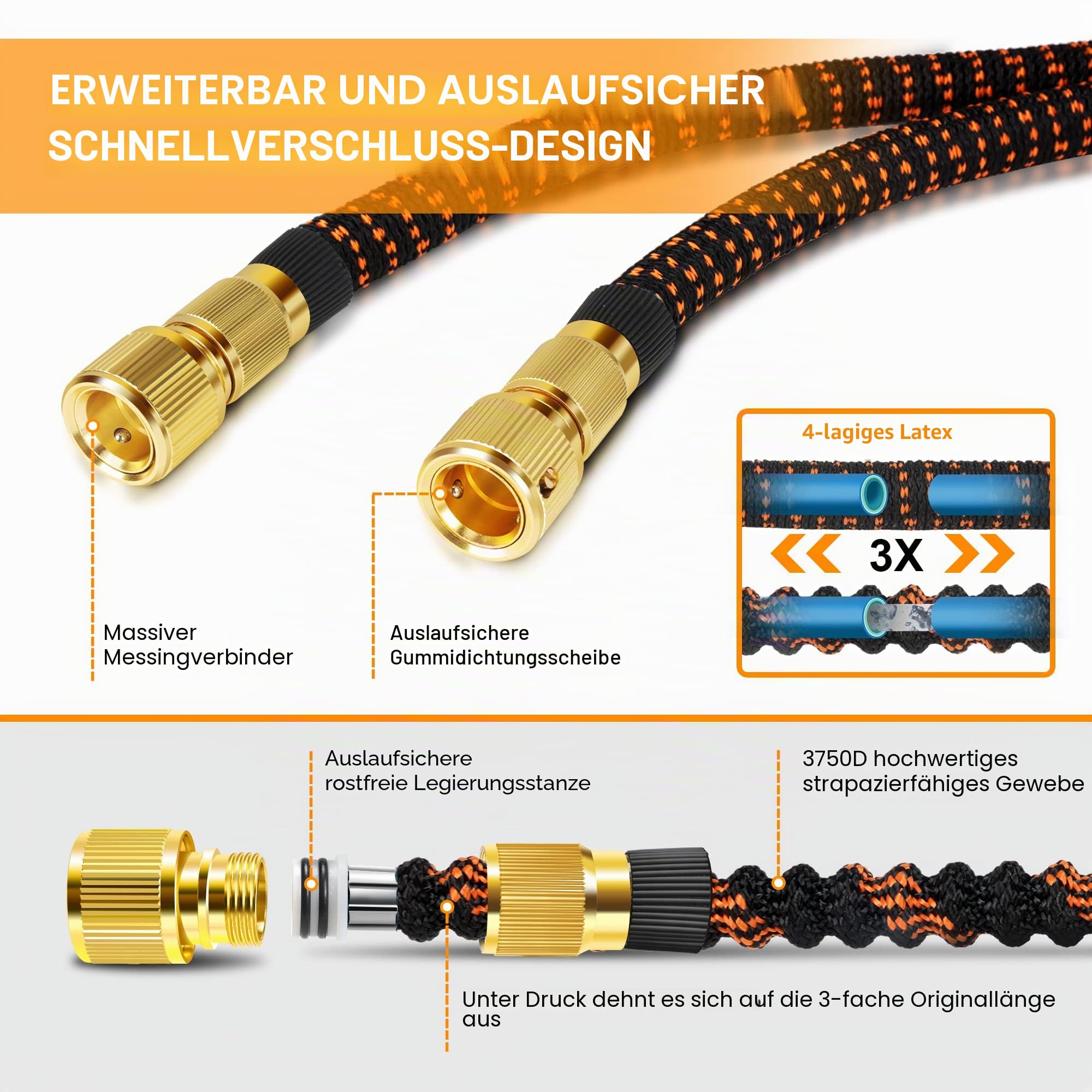 flexibler Gartenschlauch, ausdehnbarer Wasserschlauch mit 10 Sprühmuster-Düsen und massiven Messinganschlüssen, Gewebe 3750D, Strapazierfähiger Gartenschlauch mit 4-lagigem Latexkern-30m/100ft