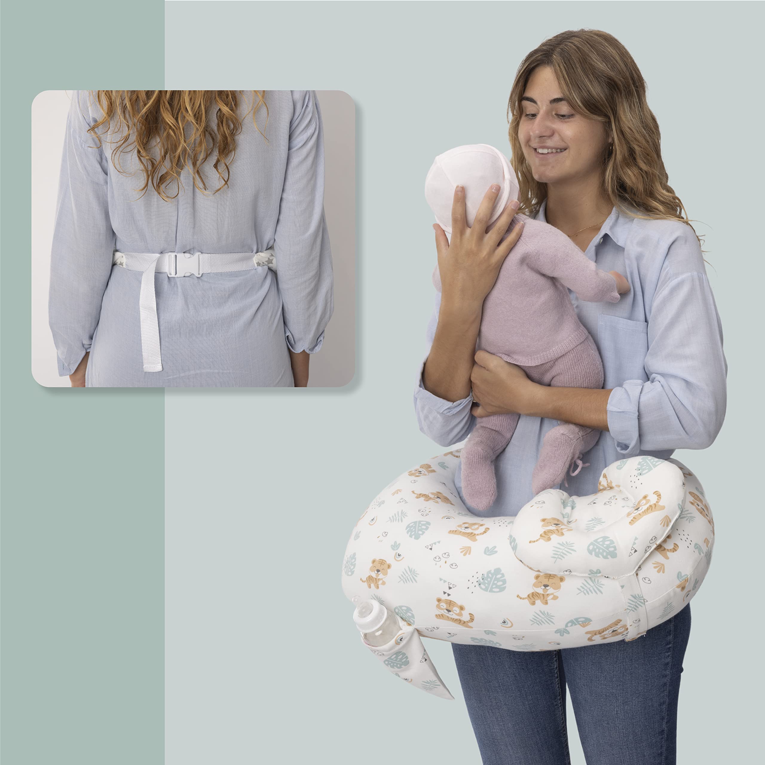 Coussin d'allaitement Ergonomique avec Oreiller Anti-Reflux 45° - Ceinture Ajustable pour Le Parent - Housse 100% Coton Lavable - Soutien Lombaire et Postural