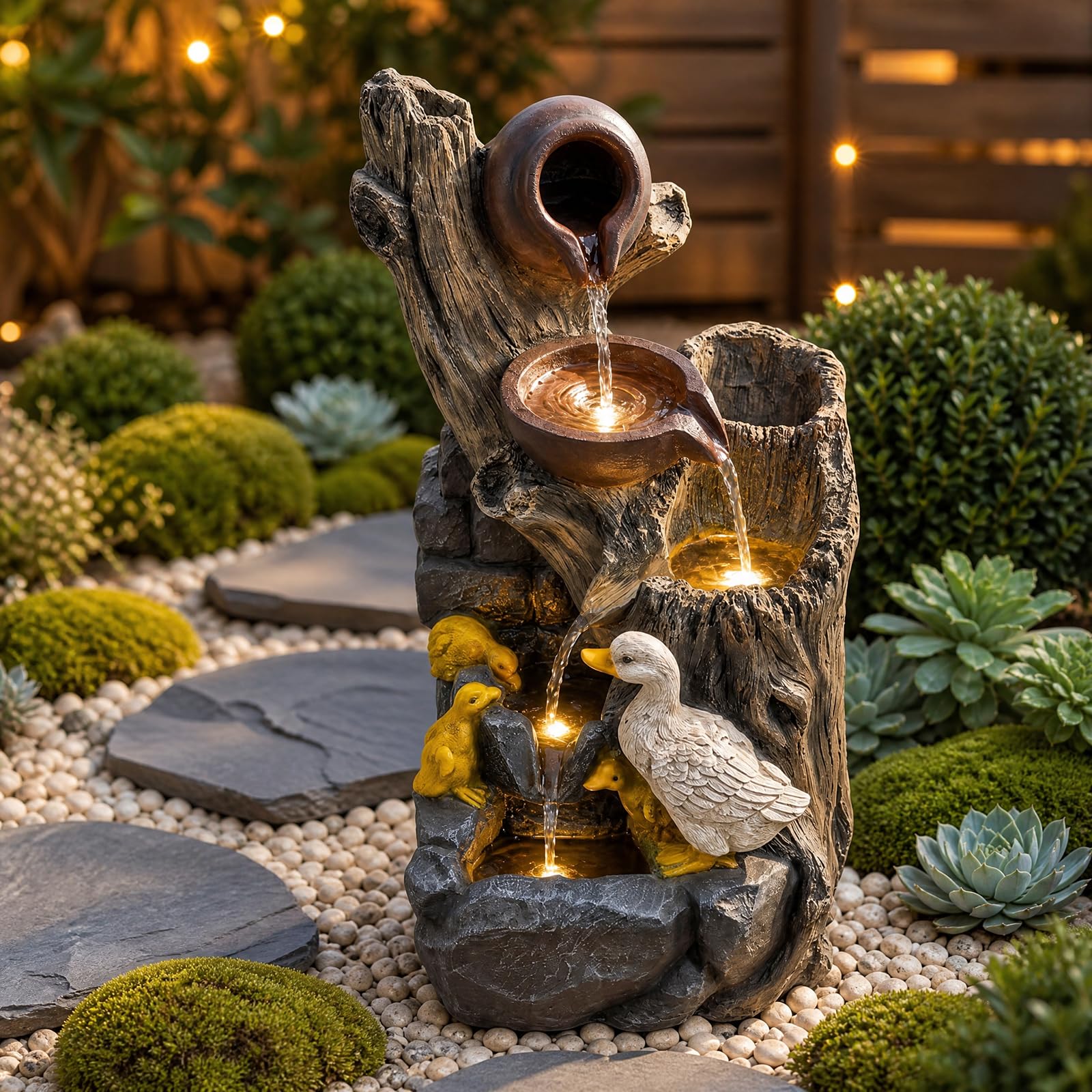 GYMAX Fuente de Jardín de 4 Niveles, Fuente Decorativa con Motivo de Patos | Fuente con Luz LED y Bomba,Cascada para Jardín, Terraza y Interior, 30 x 27 x 57 cm