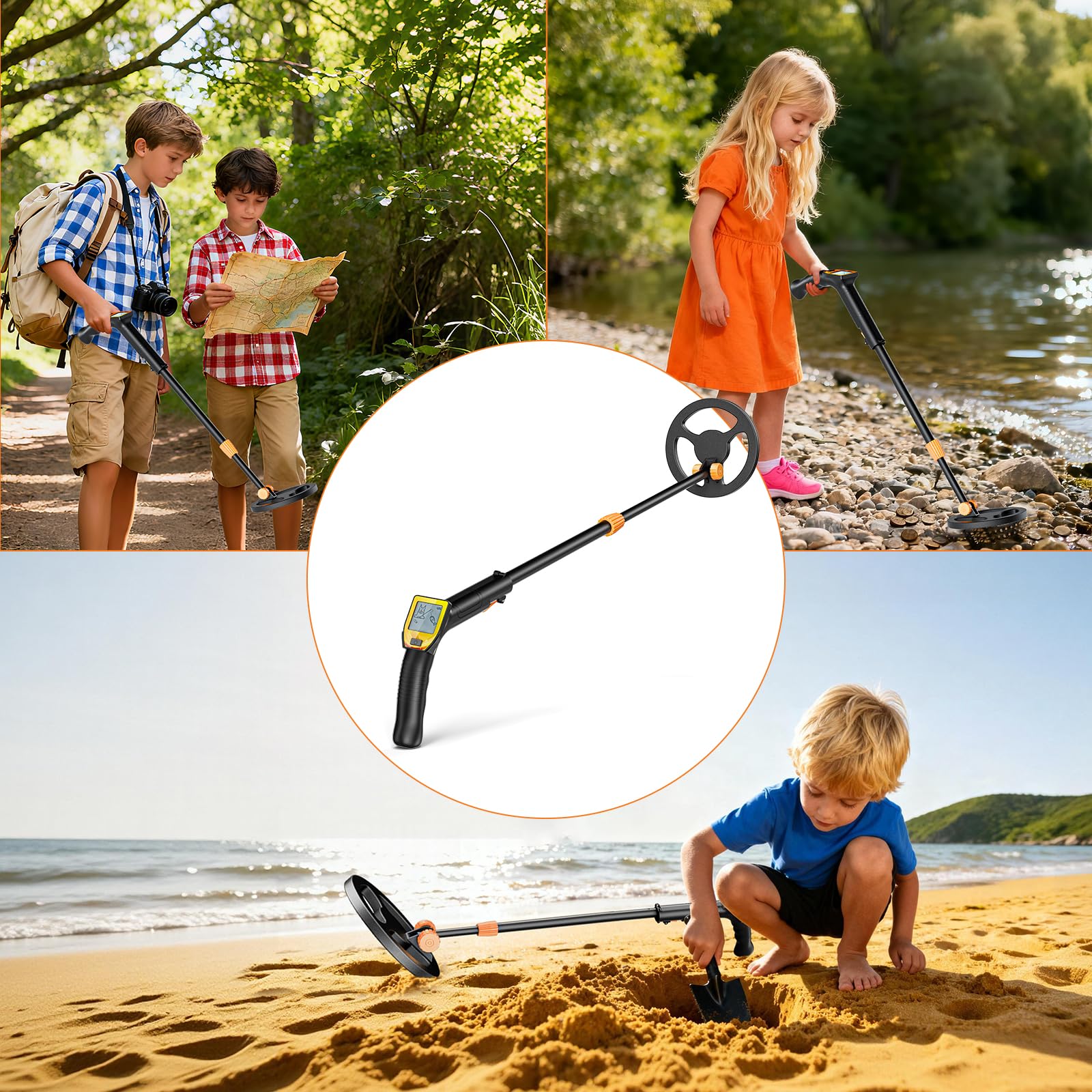 Detecteur Metaux Enfant, Léger Detecteur de Metaux Enfant avec Tige Réglable de 66 à 83 cm, écran LCD et Disque de Recherche étanche, Détecteurs de Métaux pour Enfants avec Pelle Râteau Tamis Sac