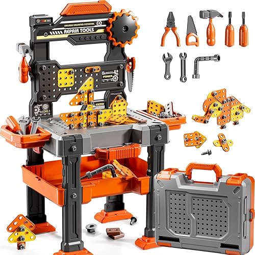 Miniatura 9 de Juego de herramientas de banco de trabajo 2 en 1 con sonido para niños pequeños de 3 a 5 años, 145 piezas, caja de herramientas educativa
