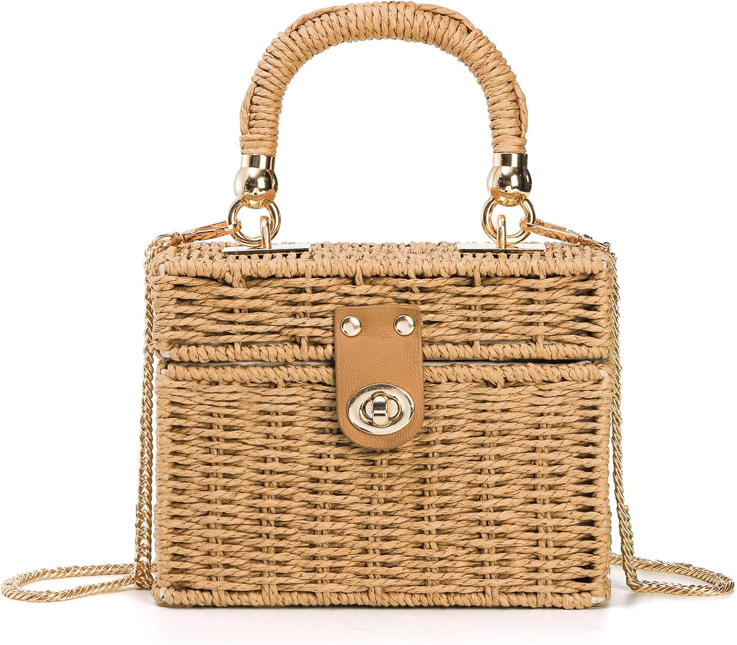 Square Straw Handbag, Vintage Women's Wicker Basket Bag, Handmade Rattan Crossbody Bag, Boho Tote Bag with Detachable Shoulder Strap for Summer Beach Casual Vacation Chic - Image 4