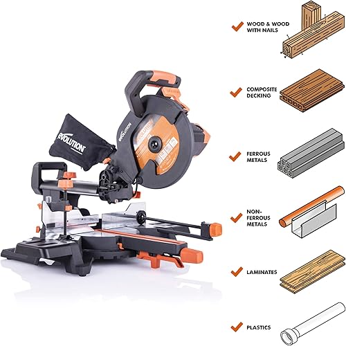 Miniatura 2 de Sierra de inglete deslizante Evolution Power Tools R255SMS+ PLUS de 10 pulgadas multimaterial multipropósito para cortar metal, plástico, madera