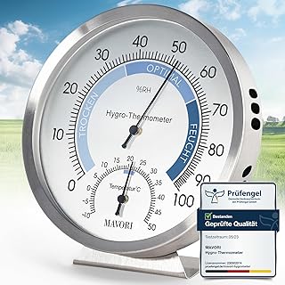 2in1 Hygrometer innen analog und Thermometer analog innen aus Edelstahl - Thermometer Hygrometer analog - Temperatur und Luftfeuchtigkeitsmesser innen für ein gesundes Raumklima - Ø 12,5cm