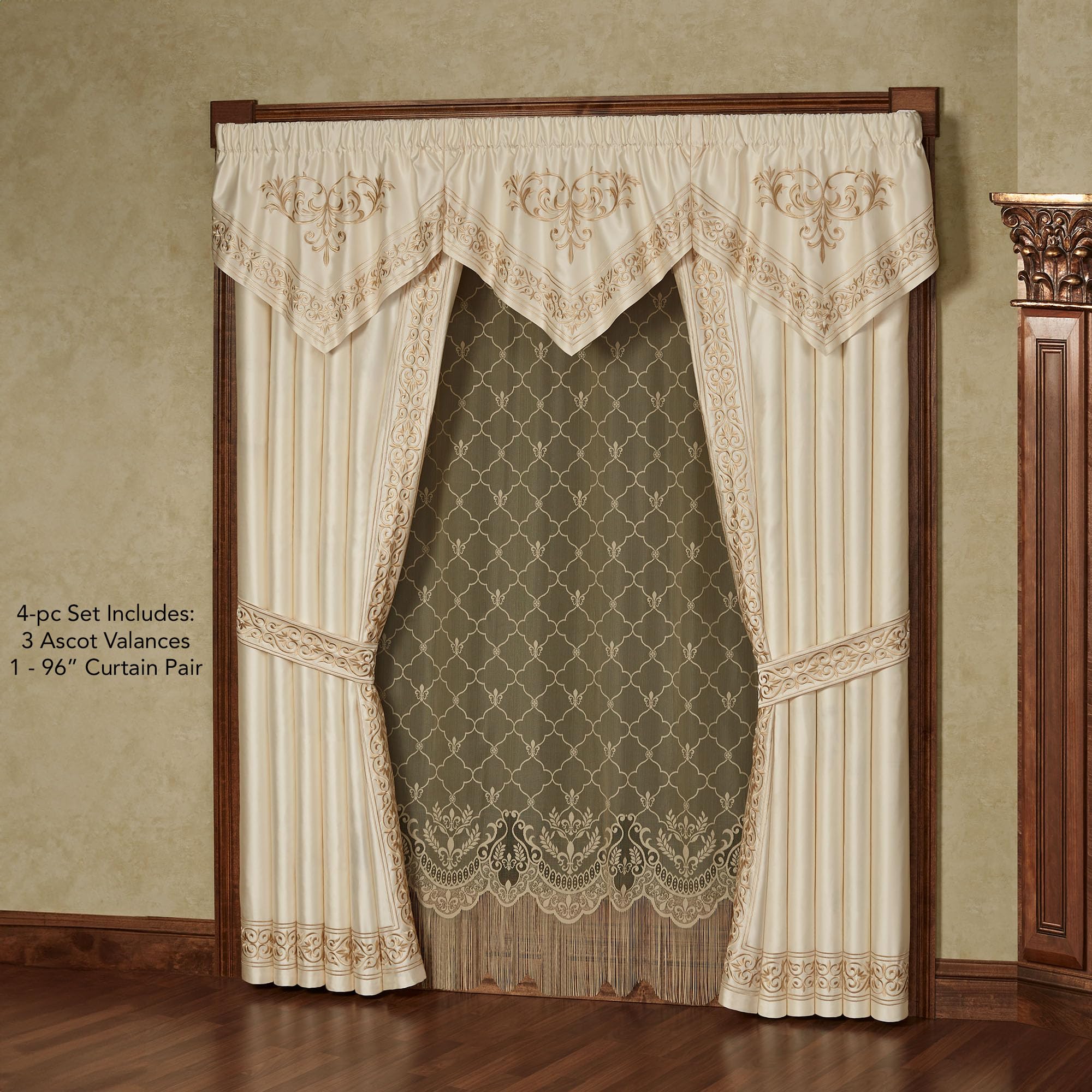 Touch of Class Versailles Luxury Window Treatment | Classic Neutral Pearl | Palace-Inspired French Style Golden Scrollwork Embroidery | Designed Drapery Set: 3 Ascot Valances and 96L Curtain Pair
