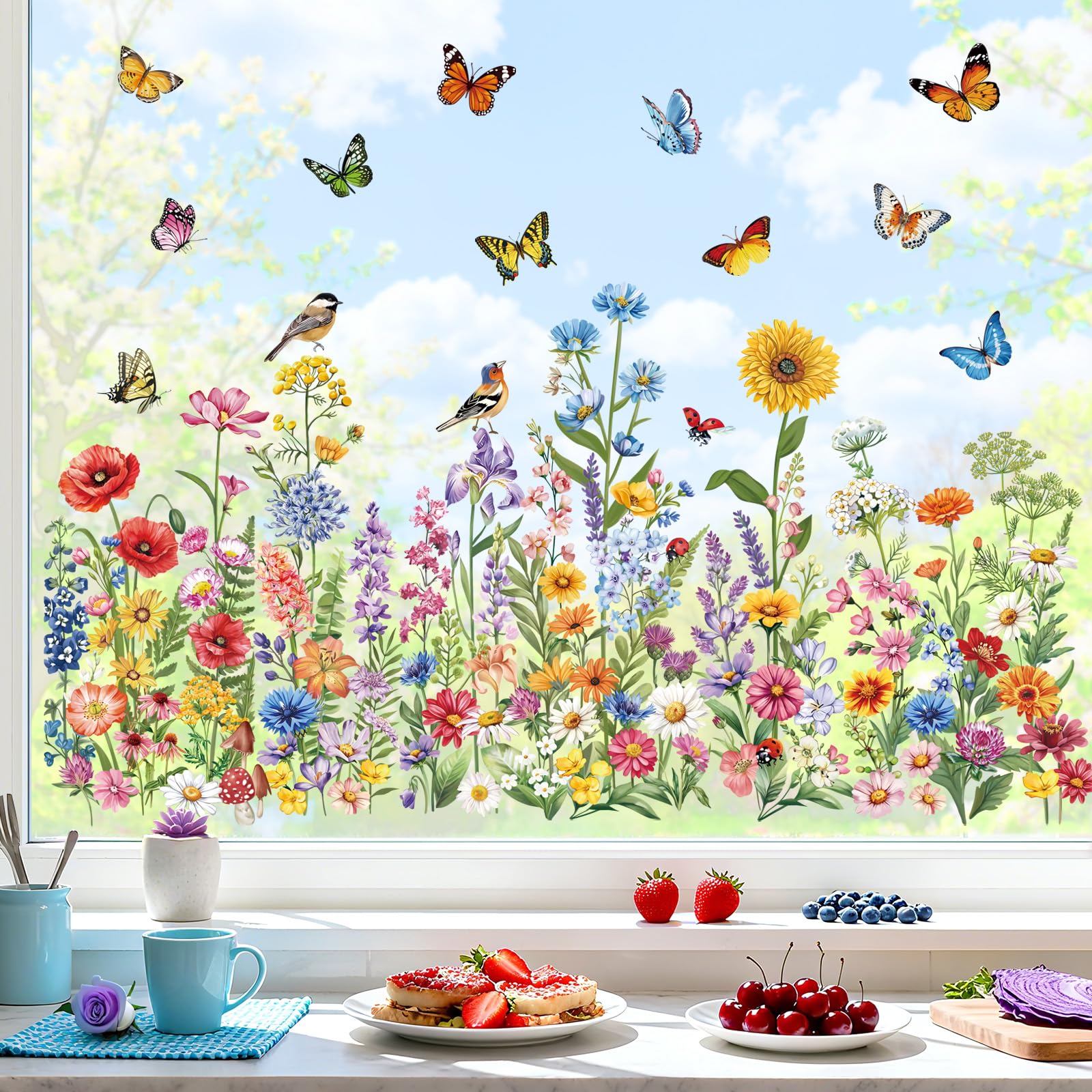 decalmile Autocollants Fenêtre Fleur de Jardin Printemps Été Anti-Collision Stickers Floral Sauvage Papillon Tournesol Stickers Vitre Anti-Adhésifs Fenêtre Porte Cuisine Décalques