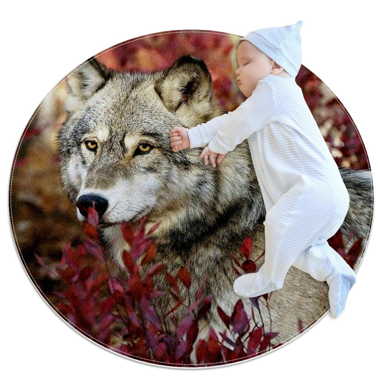 Tapis loup en feuillage rouge tapis rond 100cm antidérapant pour chambre et salon