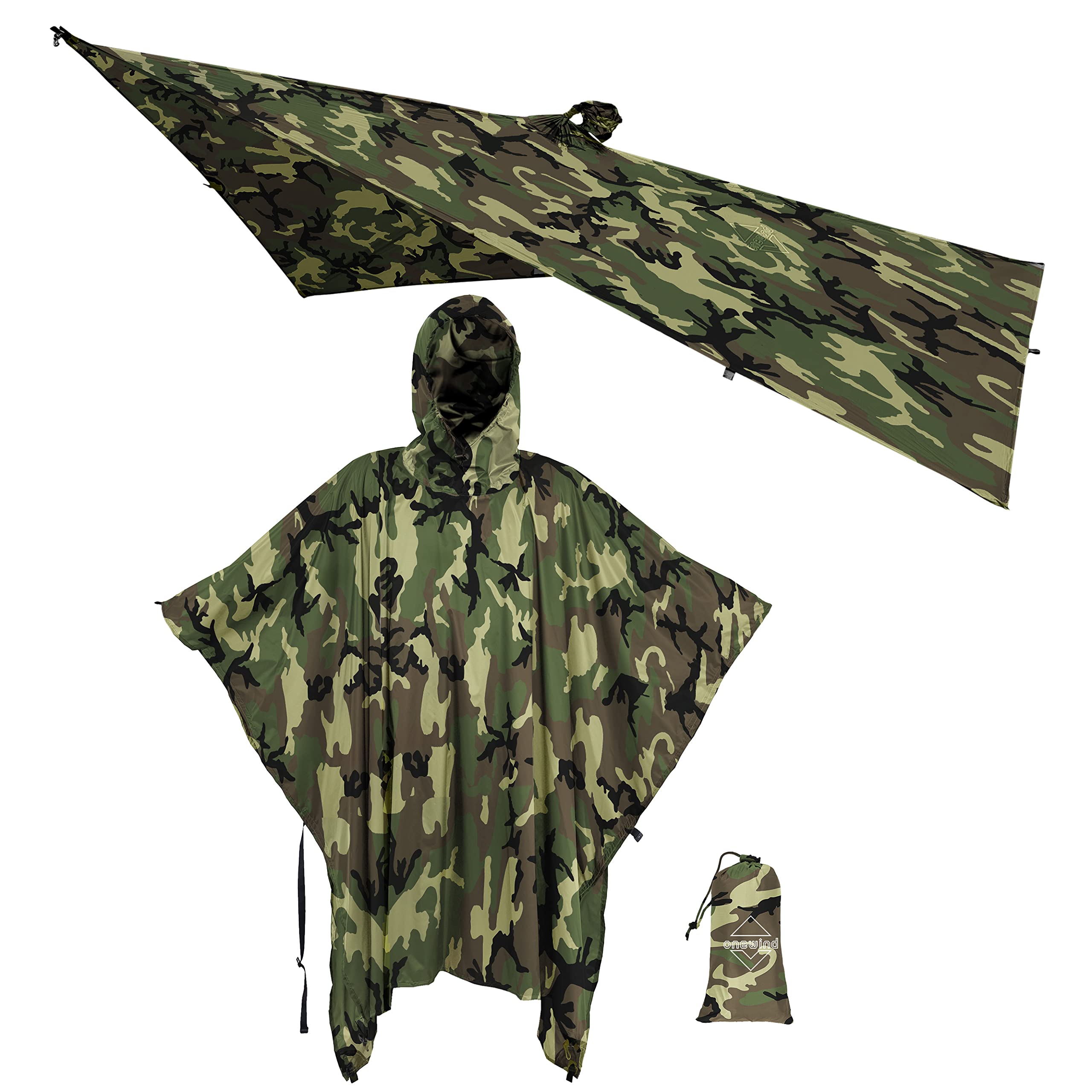 Onewind Unisex Camo-98"*56" (2.5*1.4M) Camo Rain Poncho With Hooded For Army, Versatile Survival Shelter Military Camping Rain Jacket Waterproof Rain Coat Breathable Lightweight Rain Gear For Men Hunting, Camouflage