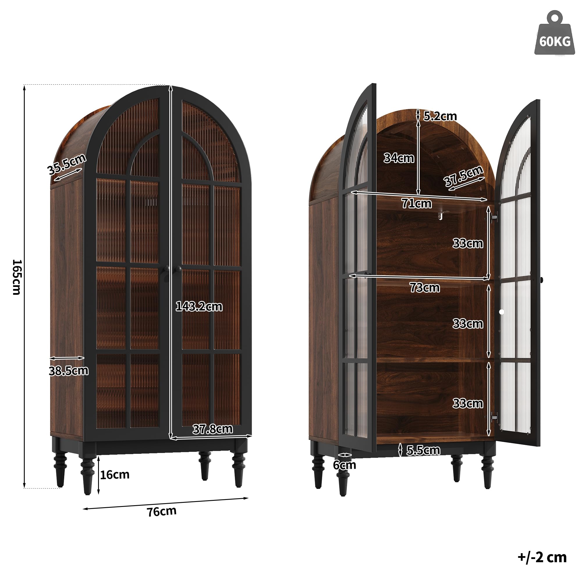 Armadietto ad arco alto autoportante per cucina e soggiorno, vetrina con ante in vetro, venature del legno, nero