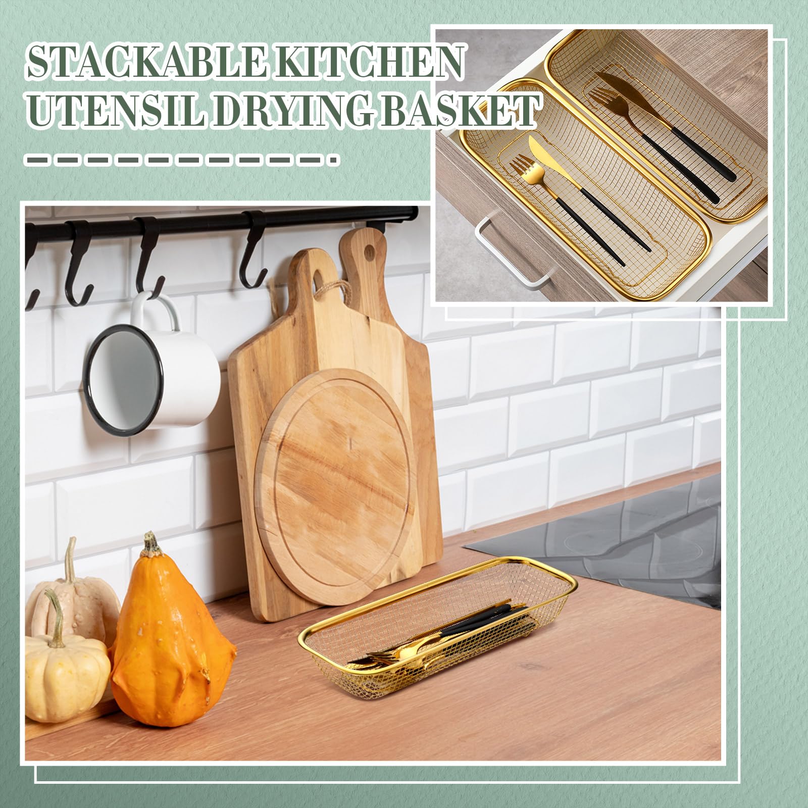 4 cestas doradas para cajones de cocina de acero inoxidable, contenedor de almacenamiento de malla, soporte dorado para utensilios de cocina, cesta de alambre apilable, 12 x 5 x 2 pulgadas 6