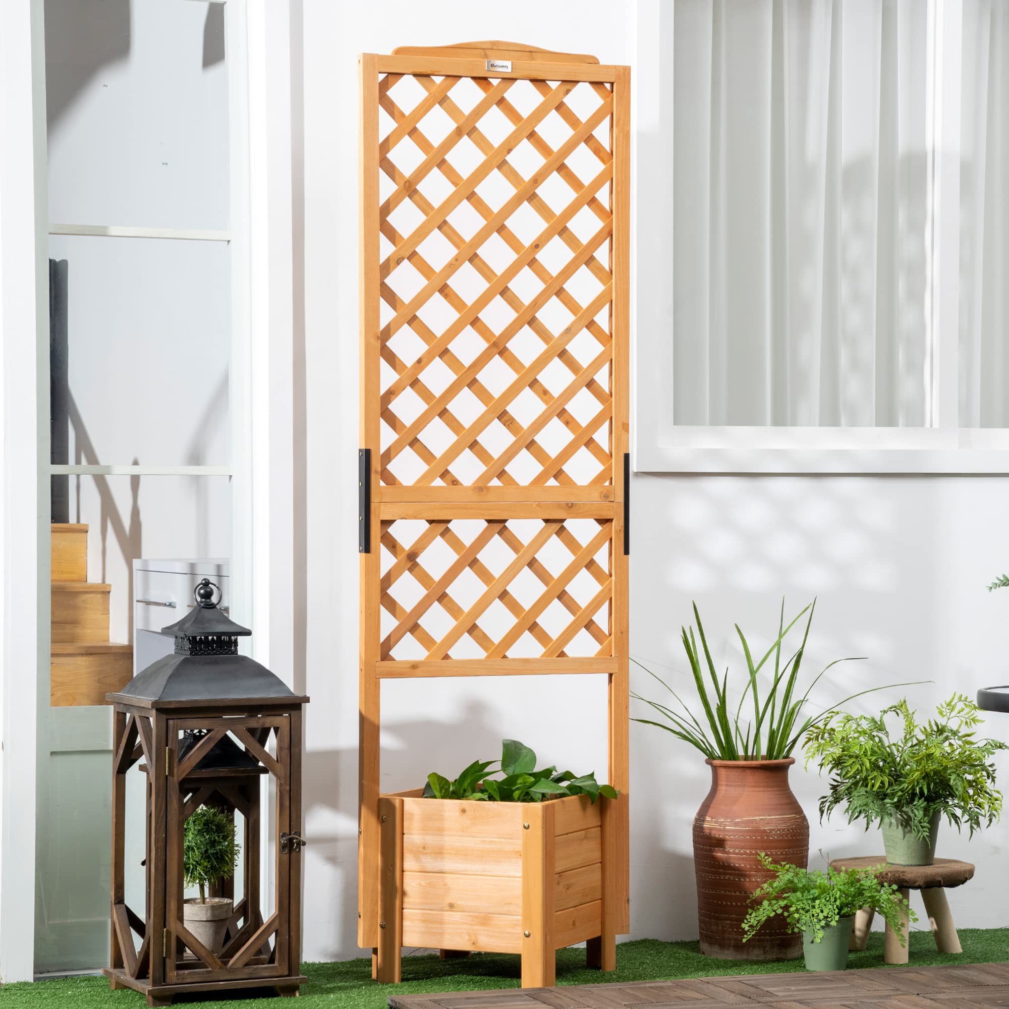 Outsunny Jardinière avec Treillis sur Pieds Bois 54,5L x 52l x 180H cm | Pour Fleurs Plantes, Sapin Pré-huilé