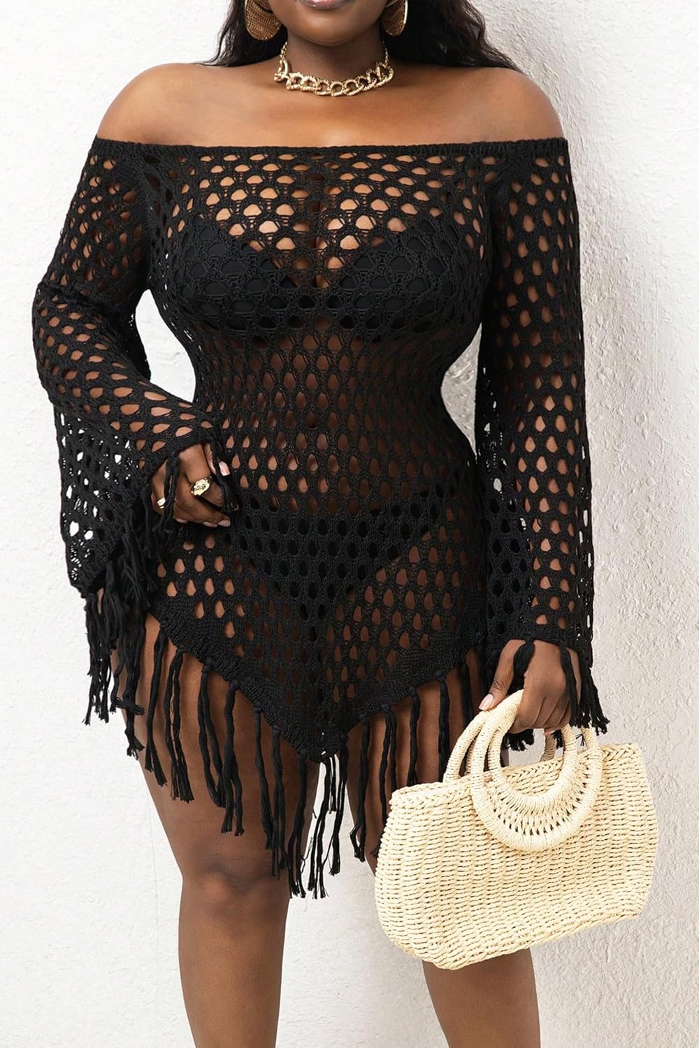 Bathing Suit Cover Up for Women Summer Beach Crochet Mesh Knit Hollow Out Off The Shoulder Swim Swimsuit Bikini Dress