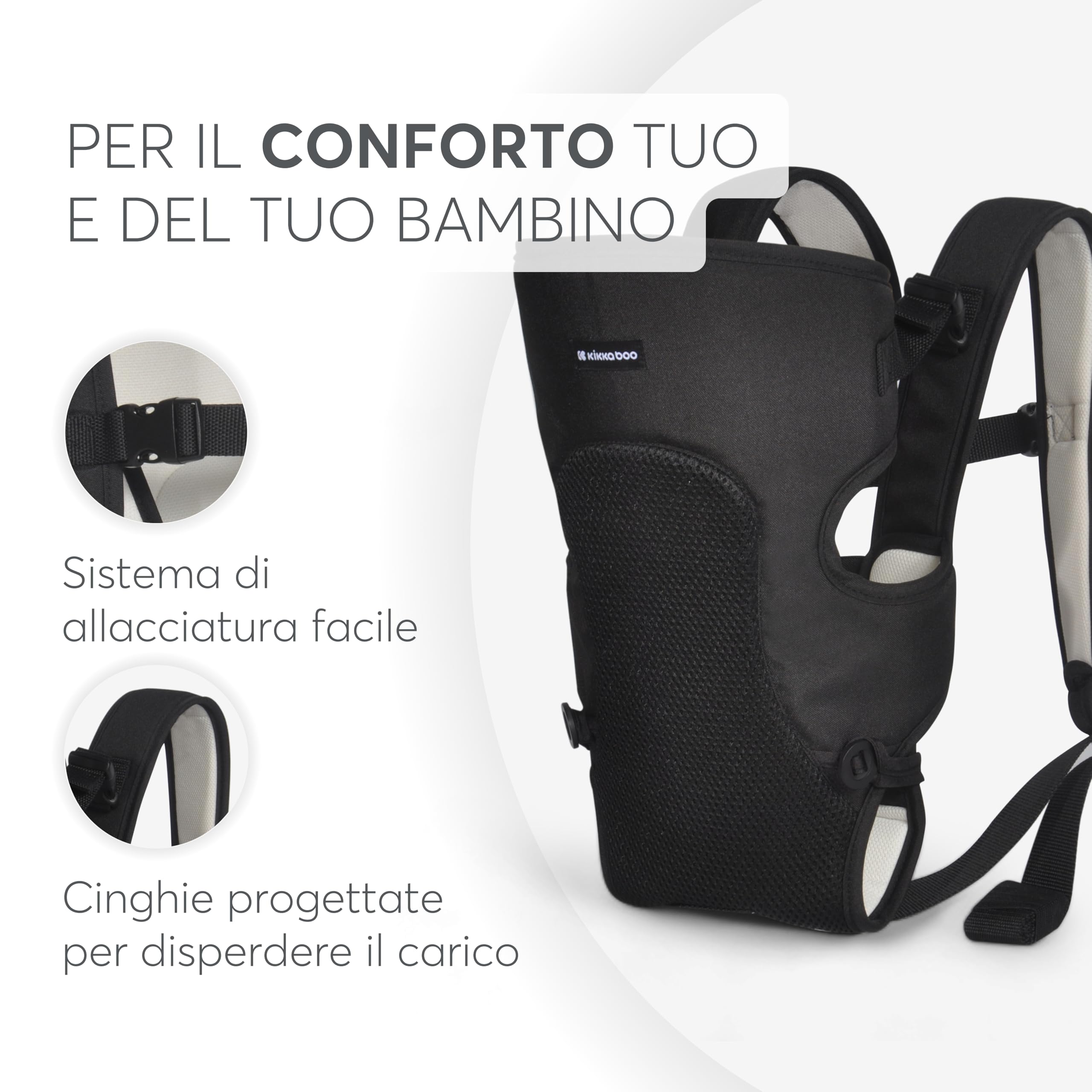 KikkaBoo Marsupio Neonato Estivo 0-36 Mesi MYRA, Ergonomico, 3 Posizioni, Spallacci regolabili, Traspirante, Leggero, fino a 9 kg, Nero