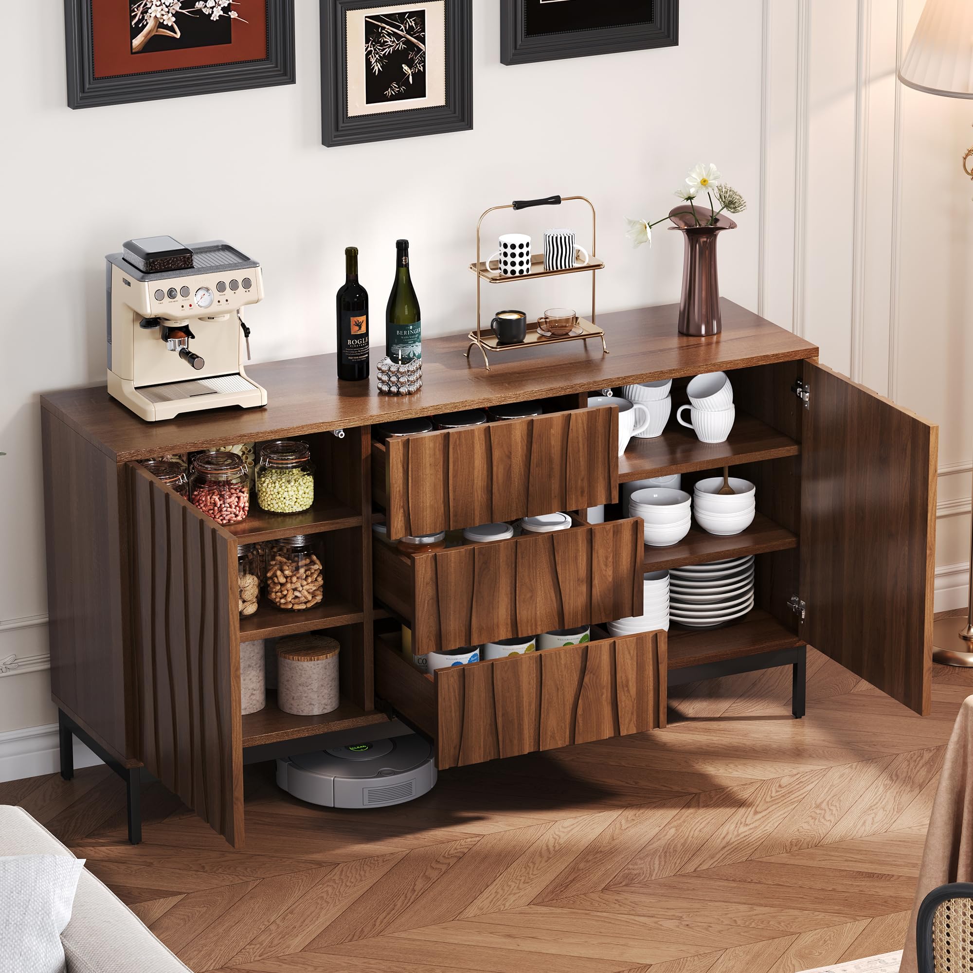 Merax Sideboard Cabinet 150cm,Kitchen Storage Cabinet,Hallway Sideboard,Dark Oak Effect Sideboard with 3 Drawers & Adjustable Shelves,150 * 40 * 80cm