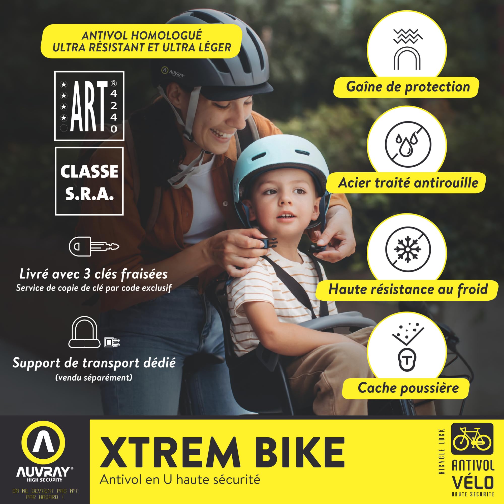 Auvray - Antivol U classe SRA - vélo, moto et scooter - homologué et ultra résistant - anse acier cémenté 18 mm - 3 clefs numérotées fournies -