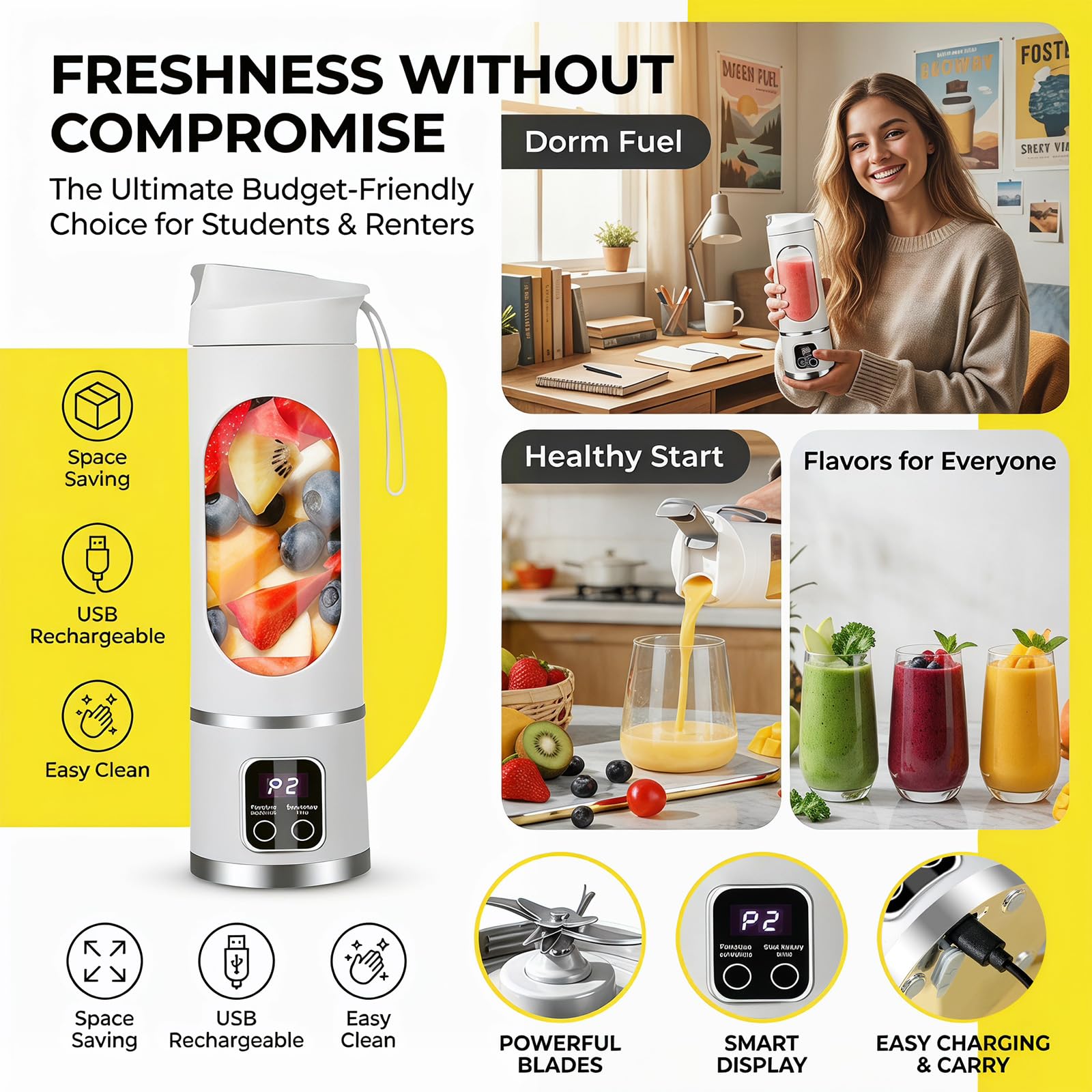 Yuragim Tragbarer Mixer Smoothie Maker To Go, 450ML Portable Blender mit LED Display & 12 Edelstahlklingen, Kabelloser Mini Standmixer USB-C Wiederaufladbar für Shakes, Sport, Reisen und Outdoor