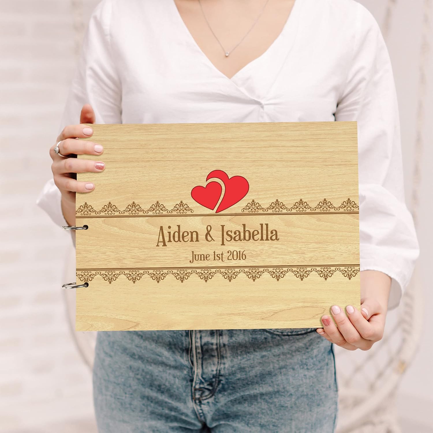 Darling Souvenir Personalized Engraved Laser Cut Wedding Guest Book Wooden Cover Sign-in Book Registry Guestbook Scrapbook-CL