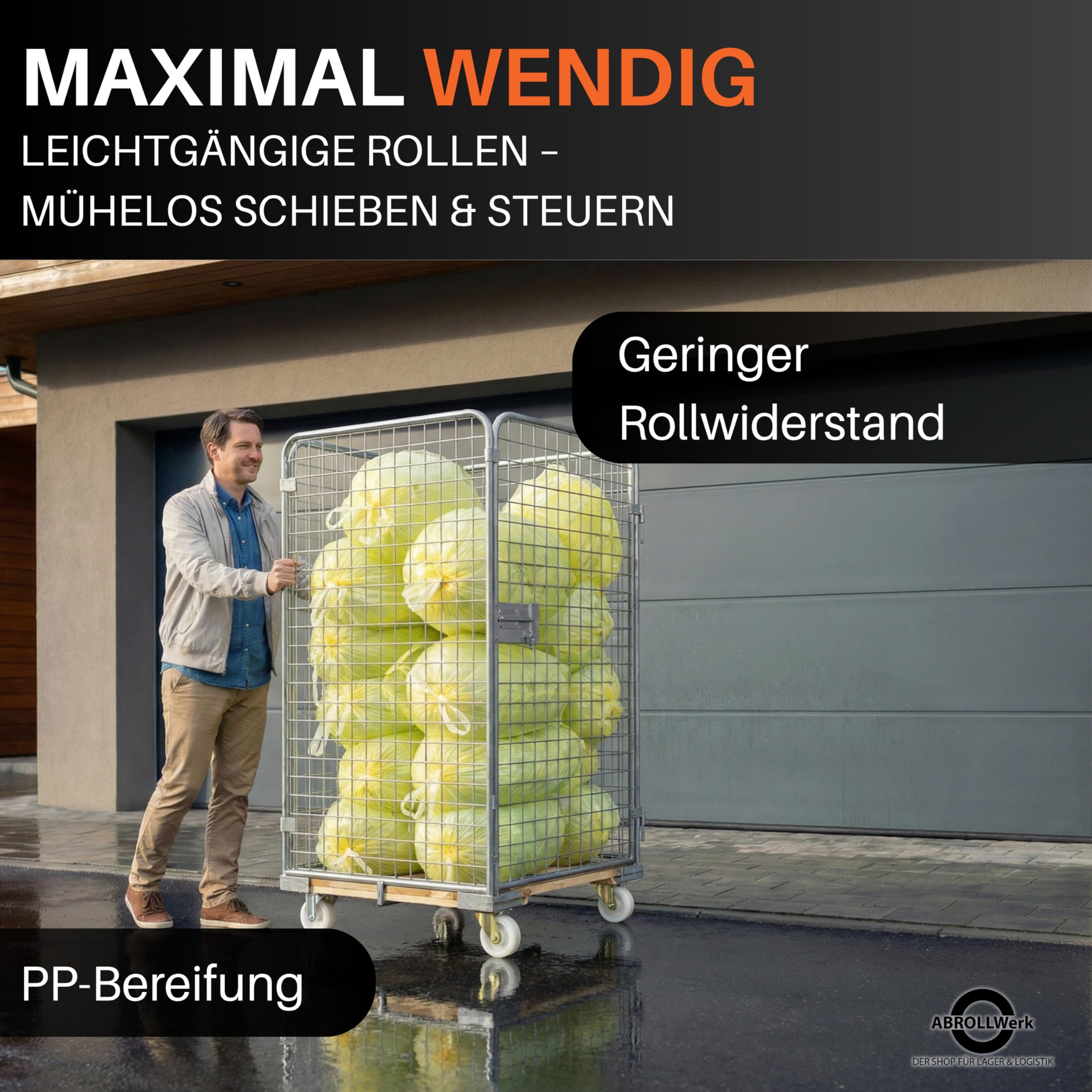 Drahtgitterbehälter mit Holz-Rollplatte – 4-seitiger Gitterwagen mit 1585 mm Nutzhöhe – Robuster Rollbehälter für Lager & Logistik – Transportwagen verzinkt – Materialcontainer mobil
