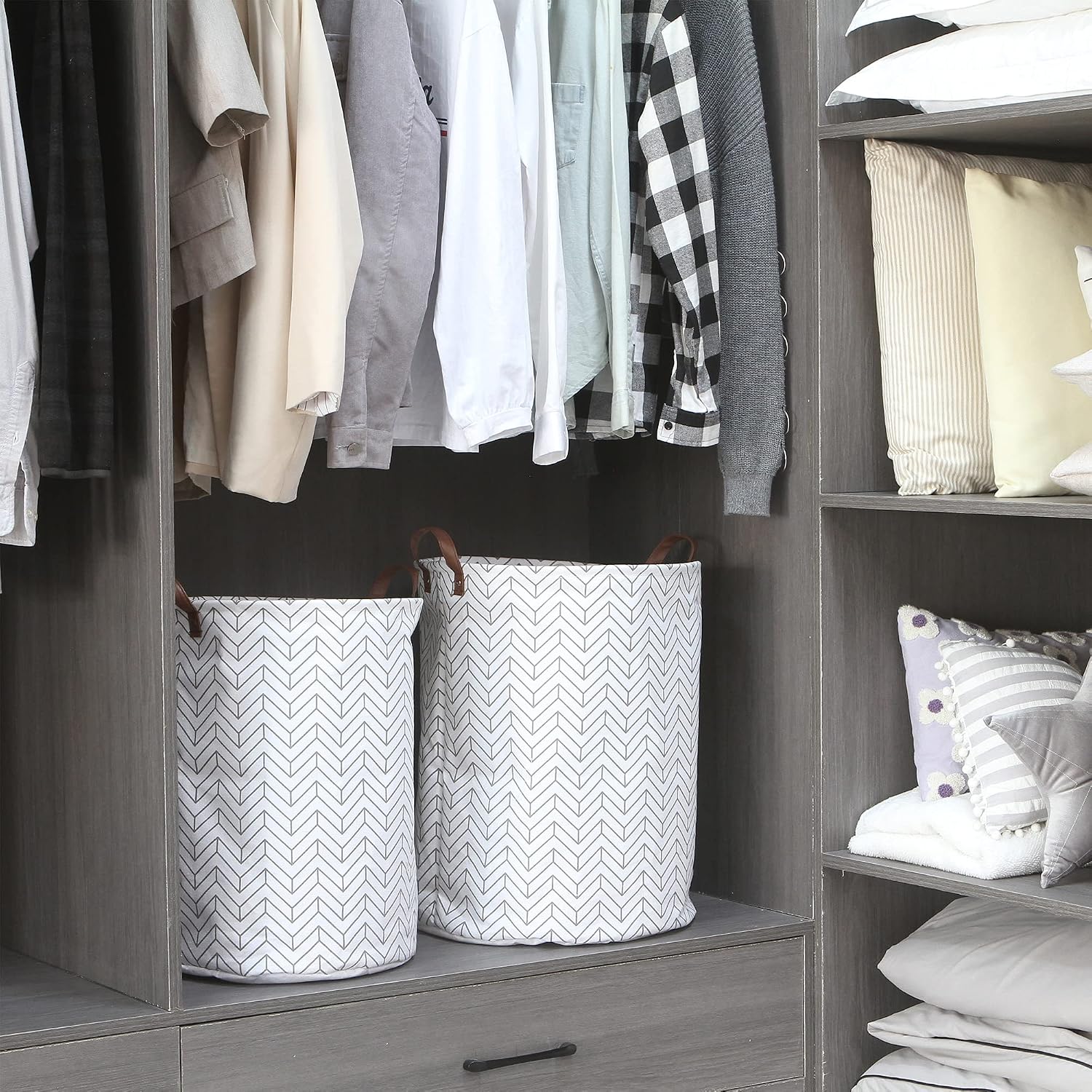 Sea Team Arrowhead Pattern Laundry Hamper Canvas Fabric Laundry Basket Collapsible Storage Bin with PU Leather Handles and Drawstring Closure, 19.7 by 15.7 inches, Waterproof Inner, Grey