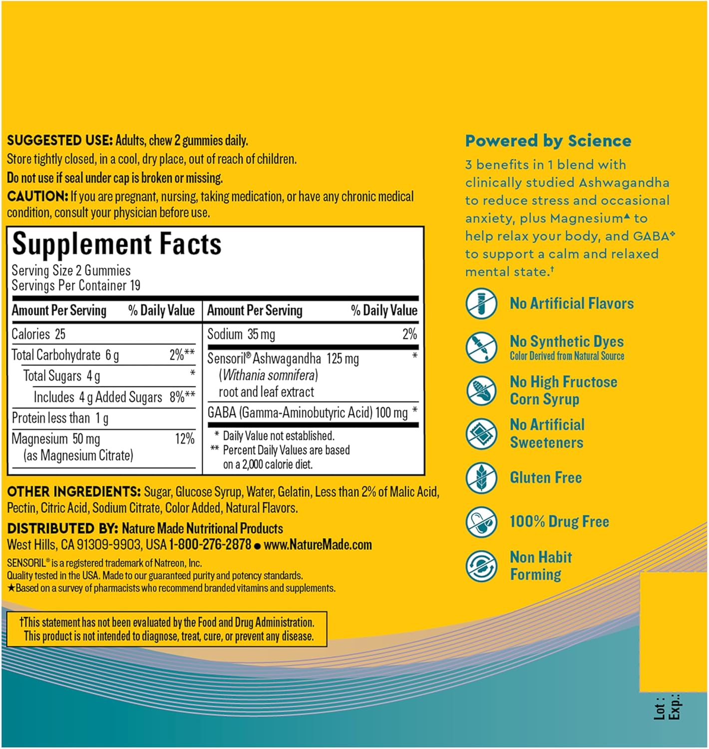 Nature Made Wellblends Calm Mind & Body, Magnesium Citrate, Ashwagandha 125mg & GABA 100mg Blend for Stress Relief, 38 Gummy Vitamins