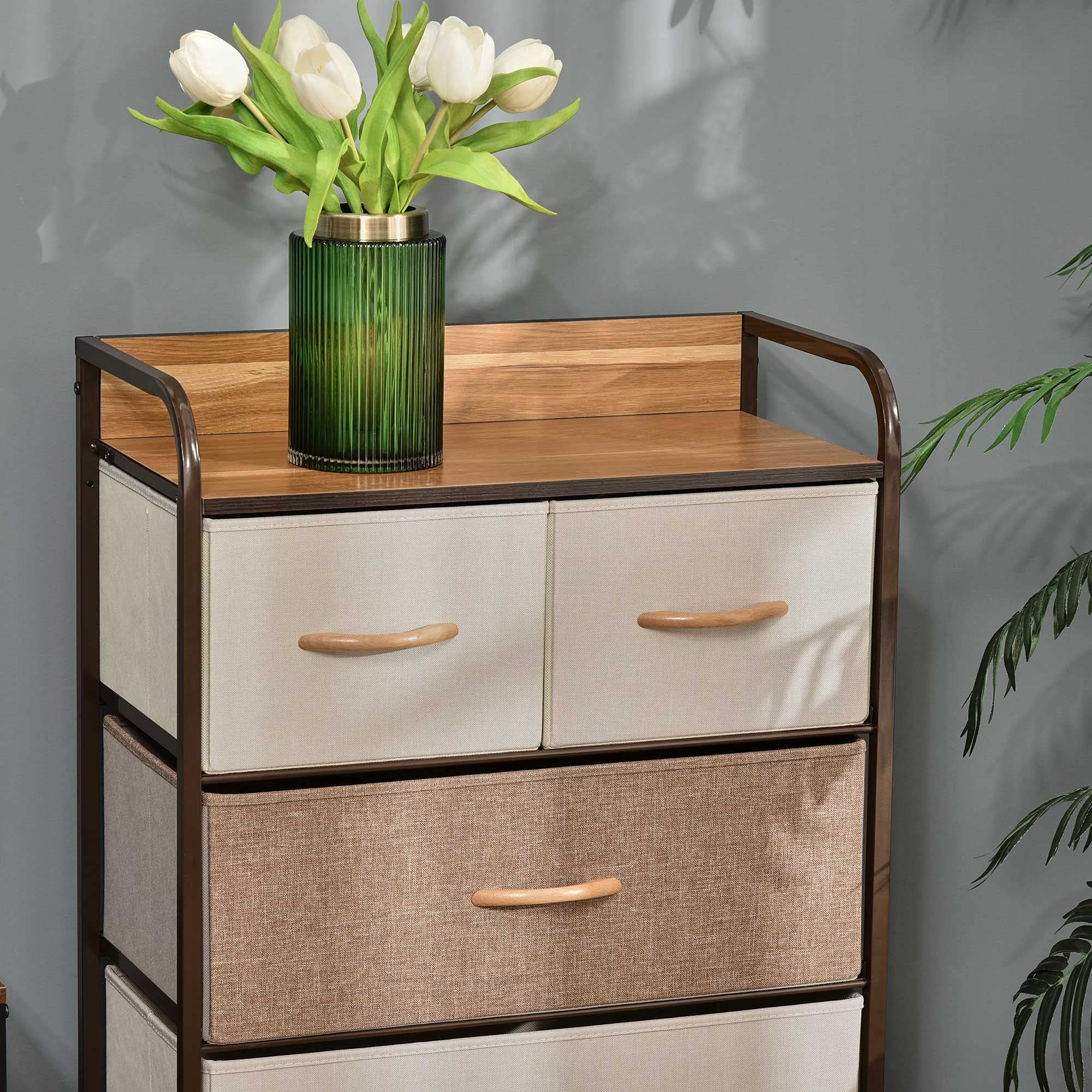 HOMCOM Cómoda con 5 Cajones de Tela Plegables, Cómoda para Dormitorio Estrecha con Marco Metálico, Cajonera para Espacios Pequeños, Sala de Estar, Vestidor, Baño, Multicolor