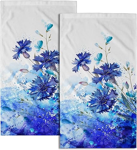 Giwawa Toallas de Mano Azules Florales Toallas de Baño Acuarela Margarita Juego de 2 Toallas de Baño Suave Absorbente Toalla de Cocina Toalla de