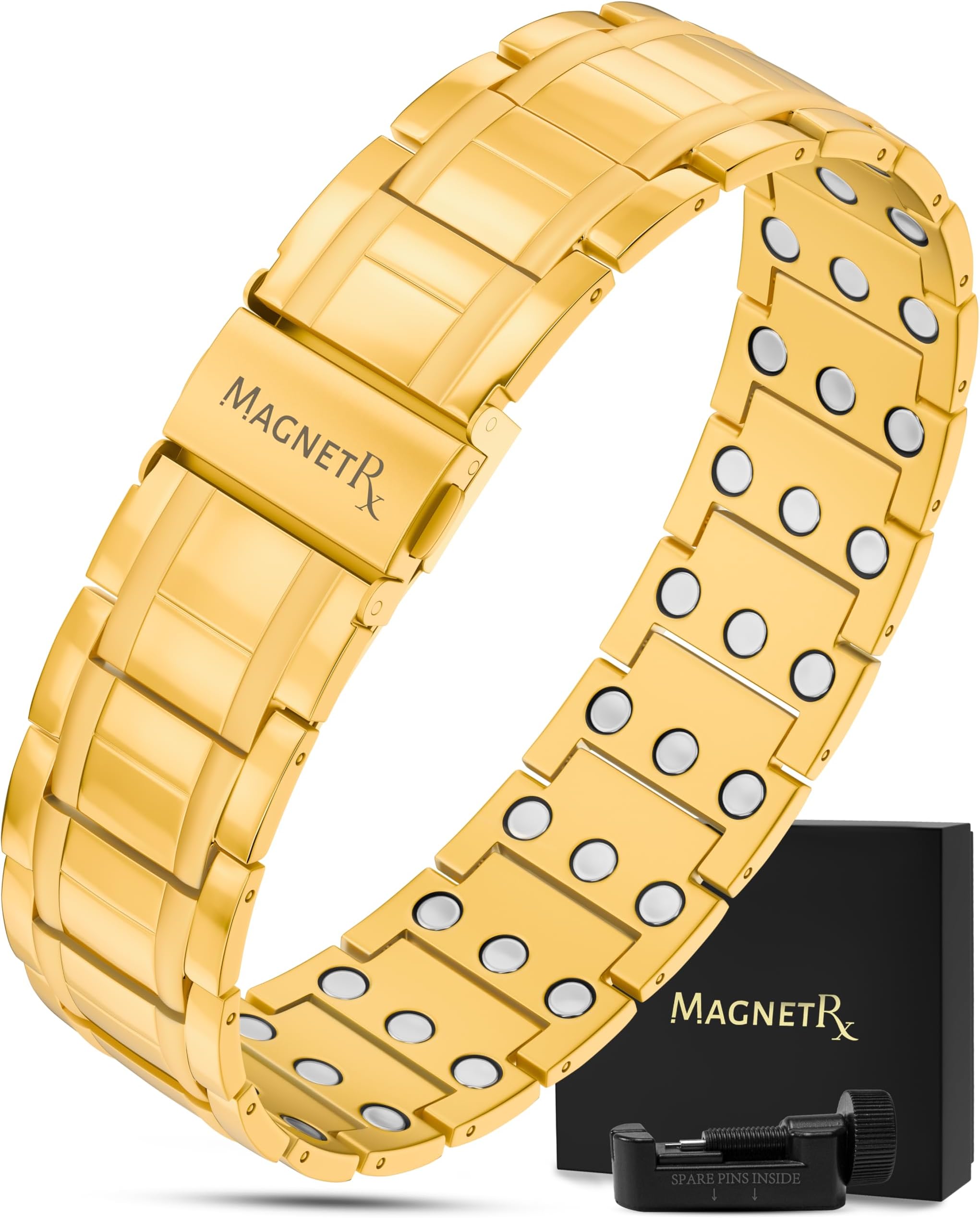 MagnetRX® 3X Strength Magnetic Bracelets for Men - Effective Titanium Magnetic Bracelet Men - Premium Fold-over Clasp & Adjustable Length with Sizing Tool & Gift Box (Gold)