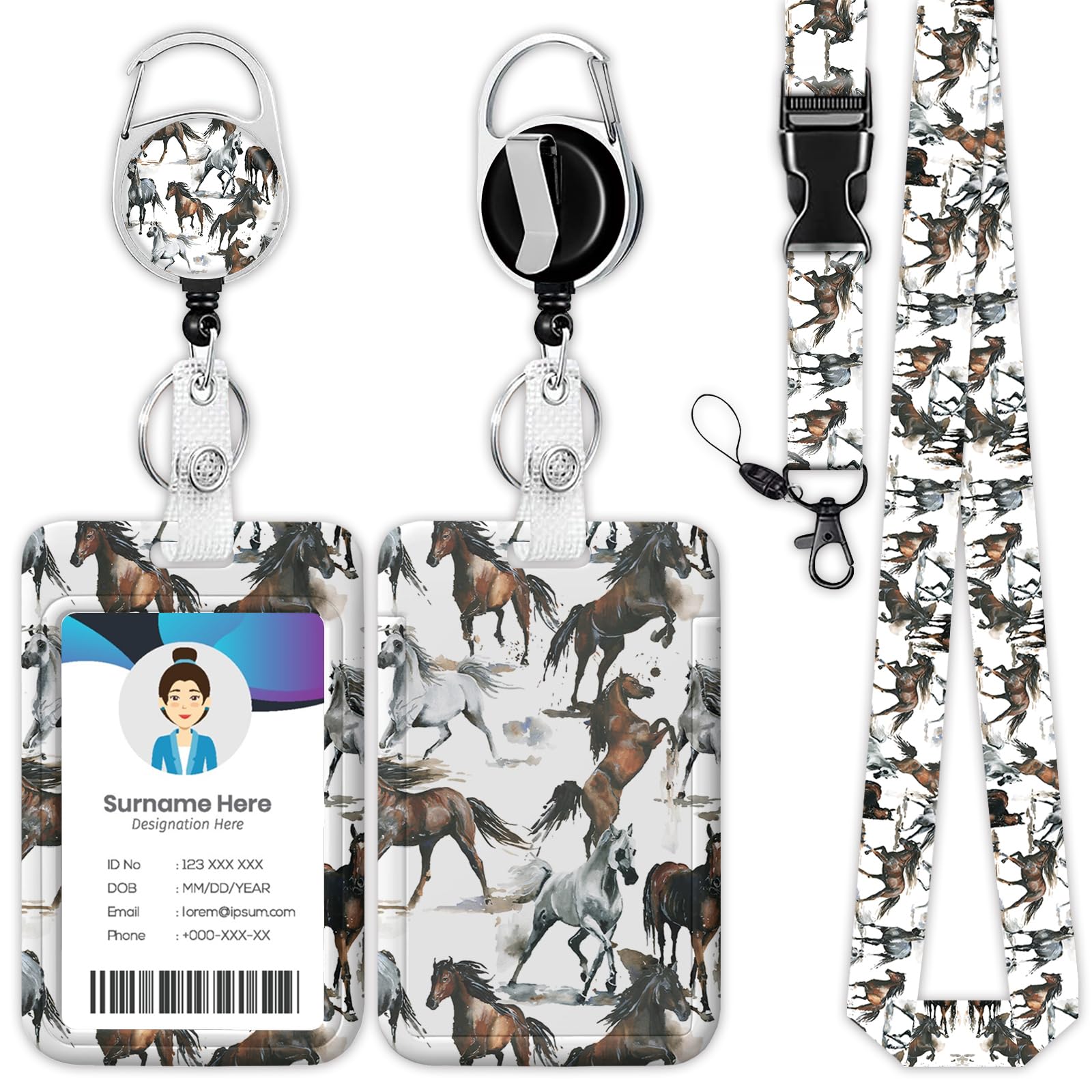 Watercolor Horse Badge Holder Reel Lanyard, Wild Animals ID Card Badge Holder Retractable Name Tag Clips for Doctor Nurse Teacher Office Student