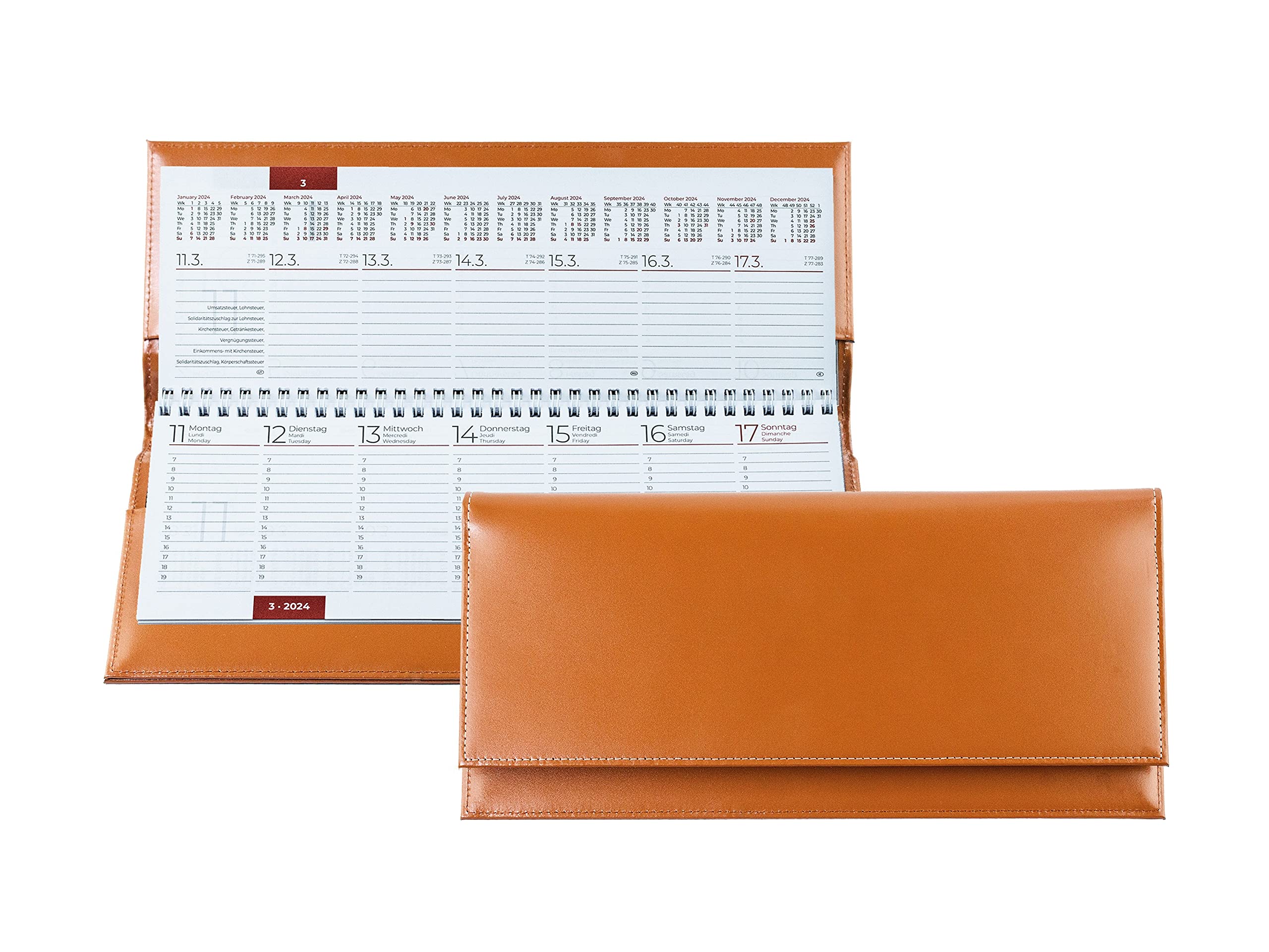 DELMON VARONE - Tischquerkalender 2027 Cambridge Top Grain Leder Braun - Tischkalender Quer 1 Woche auf 2 Seiten - Echtleder Wochenplaner Kalender - Büro & Schreibtisch Wochenkalender Organizer