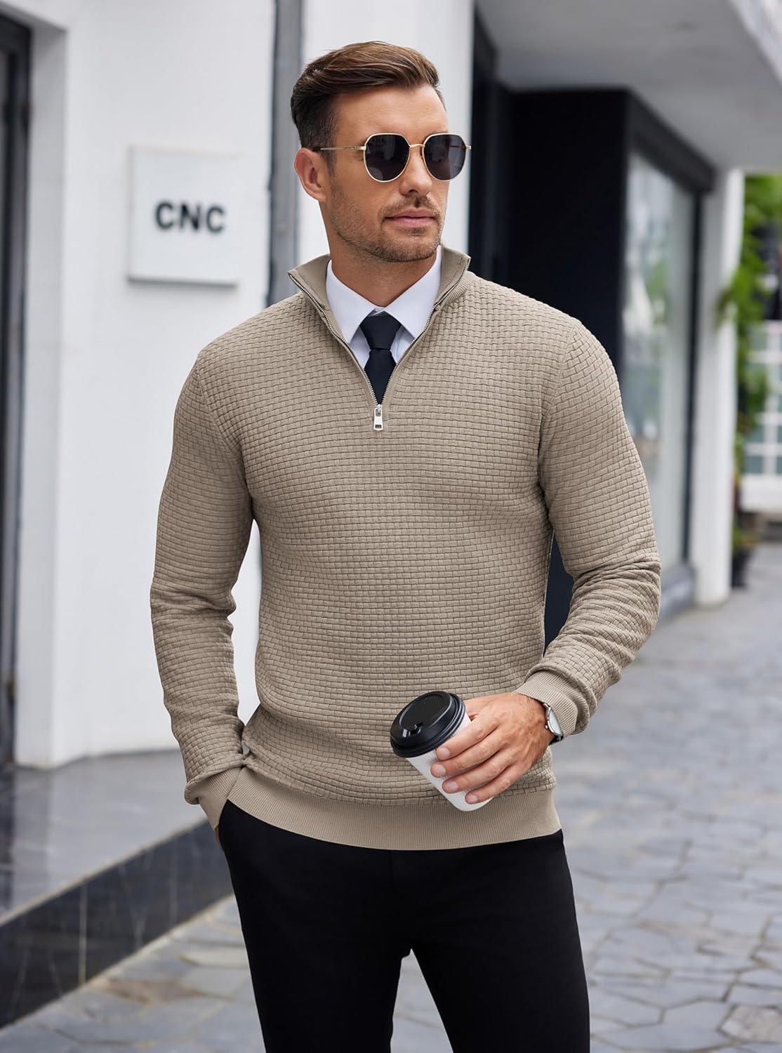 COOFANDY Men's Quarter Zip Sweaters Slim Fit Lightweight Knitted Mock Neck Pullover Casual Polo Sweaters - Image 2